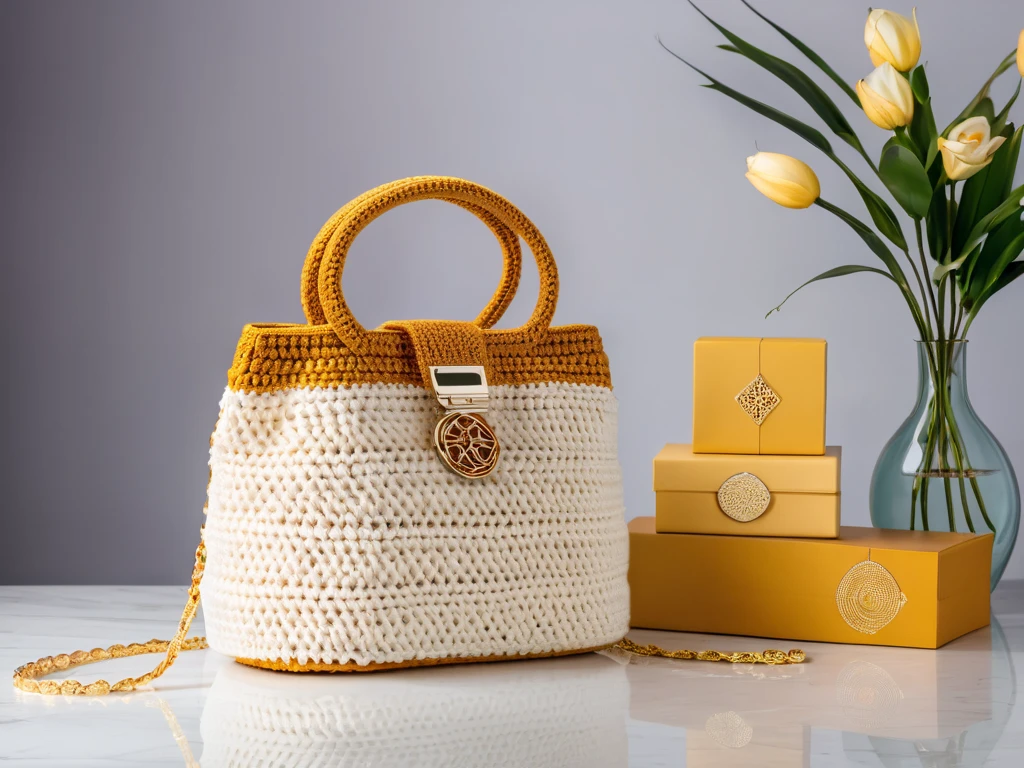 A product photography of crochet handmade bag with luxury design and asian touch. This photo feature a handbag with a luxury product photo background. Simple but elegance. 