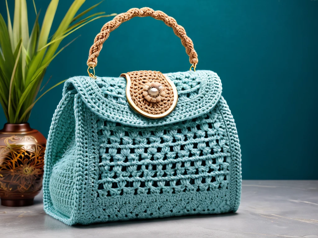 A product photography of crochet handmade bag with luxury design and asian touch. This photo feature a handbag with a luxury product photo background. Simple but elegance. 