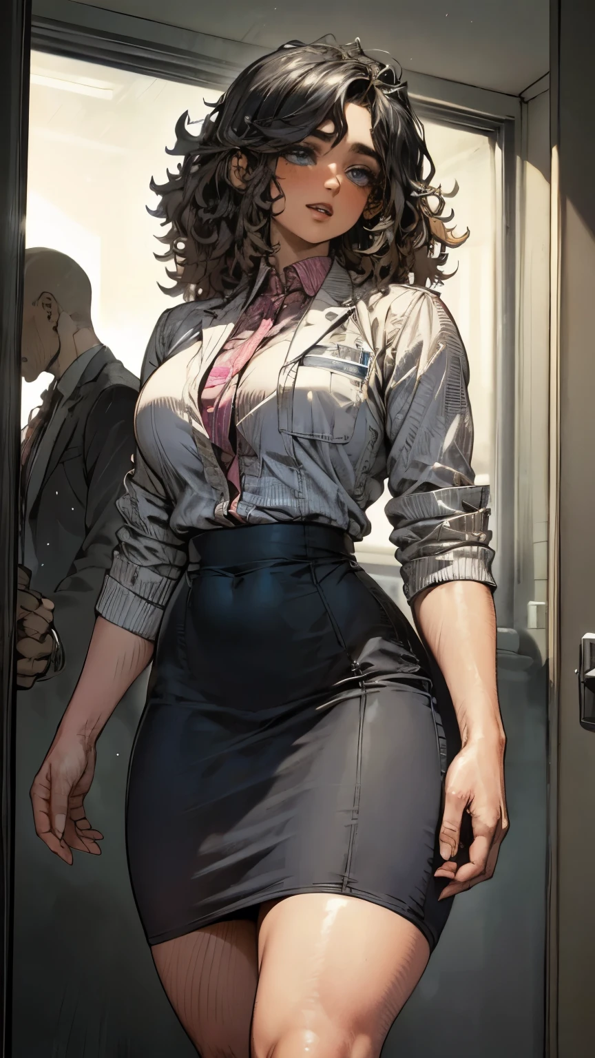 Create a realistic image of a beautiful Caucasian woman with long, curly black hair cascading down her shoulders. She has fair skin and striking blue eyes that convey confidence and determination. Her figure is curvy with an hourglass silhouette, accentuated by long, elegant legs. She is dressed in a stylish, feminine business suit that fits her perfectly, featuring a tailored blazer and a sleek pencil skirt. The suit should be in a sophisticated color, perhaps navy or charcoal, with subtle patterns or textures that add a touch of elegance. She stands in a modern office environment, exuding professionalism and poise, with a confident expression that reflects her ambition and capability.