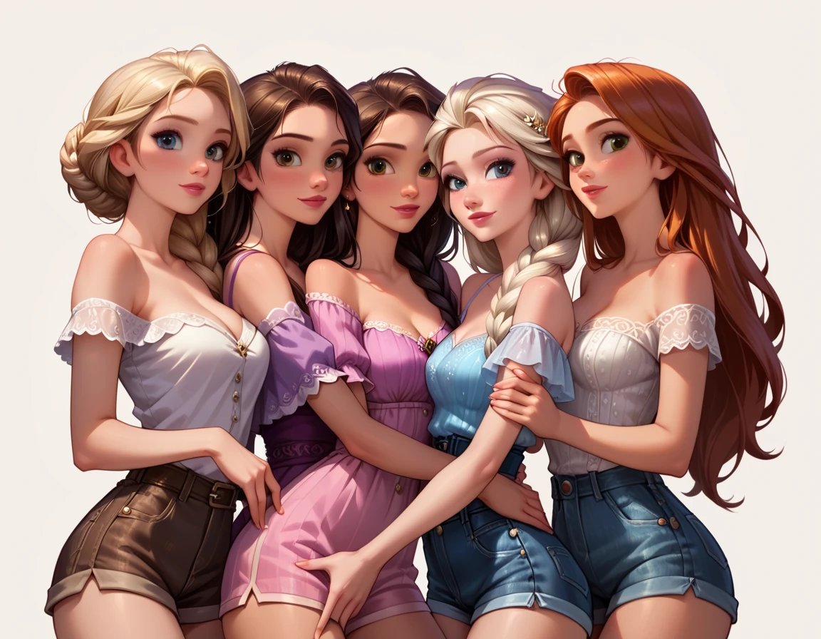 score_9, score_8_up, score_7_up, score_6_up, rating_questionable, 4girls, group, beautiful waifu, very sexy Anna, Elsa, Ranpunzel, and Megara, embracing, wearing (cute shorts and off the shoulder blouses, bare arms:1.1), sexy look, eyes half-closed, filled lips, thick lips, detailed eyes, detailed face, dimly lit, perfect hands, (Hand, detailed, perfect, perfection, hands:1.2), perfect proportions, simple background, (cowboy shot:1.4).