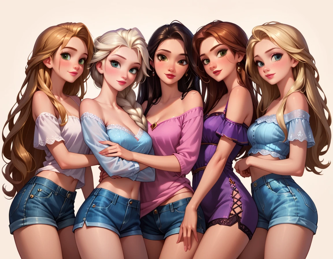 score_9, score_8_up, score_7_up, score_6_up, rating_questionable, 4girls, group, beautiful waifu, very sexy Anna, Elsa, Ranpunzel, and Megara, embracing, wearing (cute shorts and off the shoulder blouses, bare arms:1.1), sexy look, eyes half-closed, filled lips, thick lips, detailed eyes, detailed face, dimly lit, perfect hands, (Hand, detailed, perfect, perfection, hands:1.2), perfect proportions, simple background, (cowboy shot:1.4).