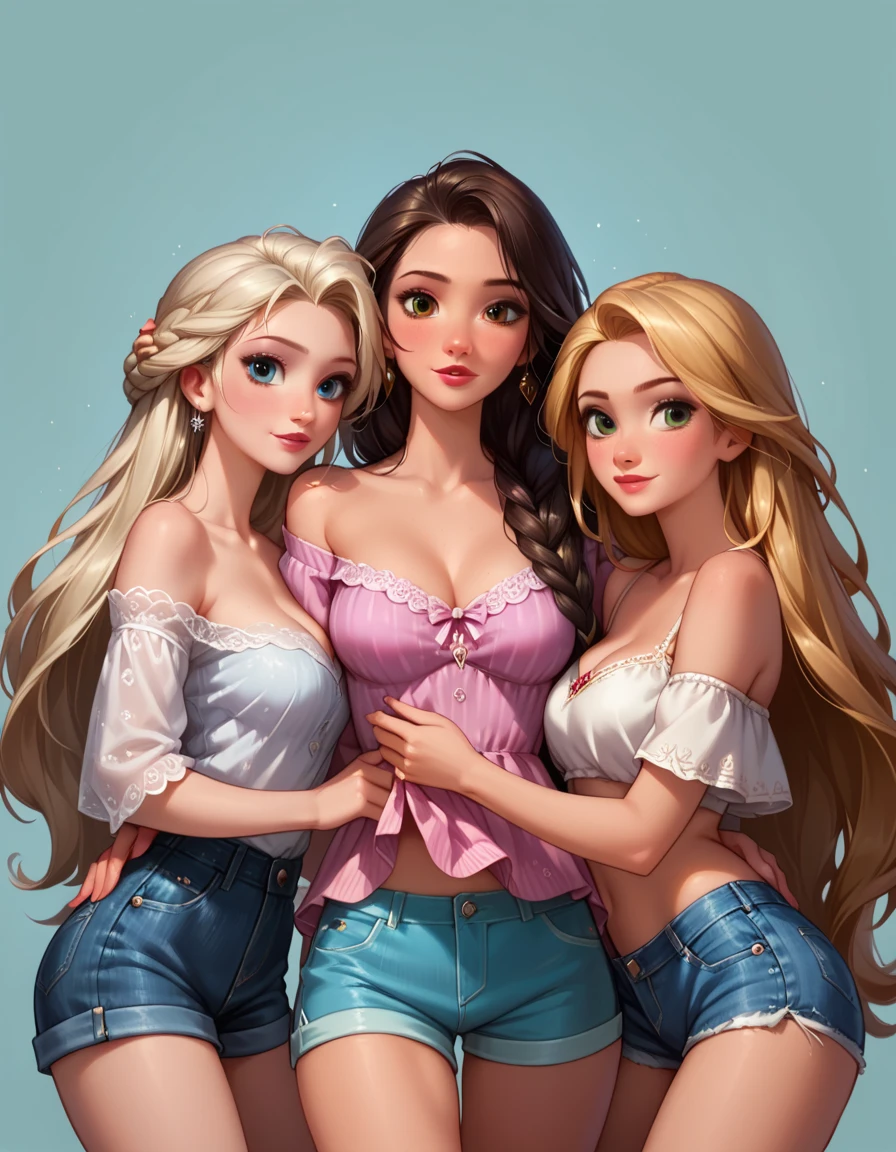 score_9, score_8_up, score_7_up, score_6_up, rating_questionable, 4girls, group, beautiful waifu, very sexy Anna, Elsa, Ranpunzel, and Megara, embracing, wearing (cute shorts and off the shoulder blouses, bare arms:1.1), sexy look, eyes half-closed, filled lips, thick lips, detailed eyes, detailed face, dimly lit, perfect hands, (Hand, detailed, perfect, perfection, hands:1.2), perfect proportions, simple background, (cowboy shot:1.4).