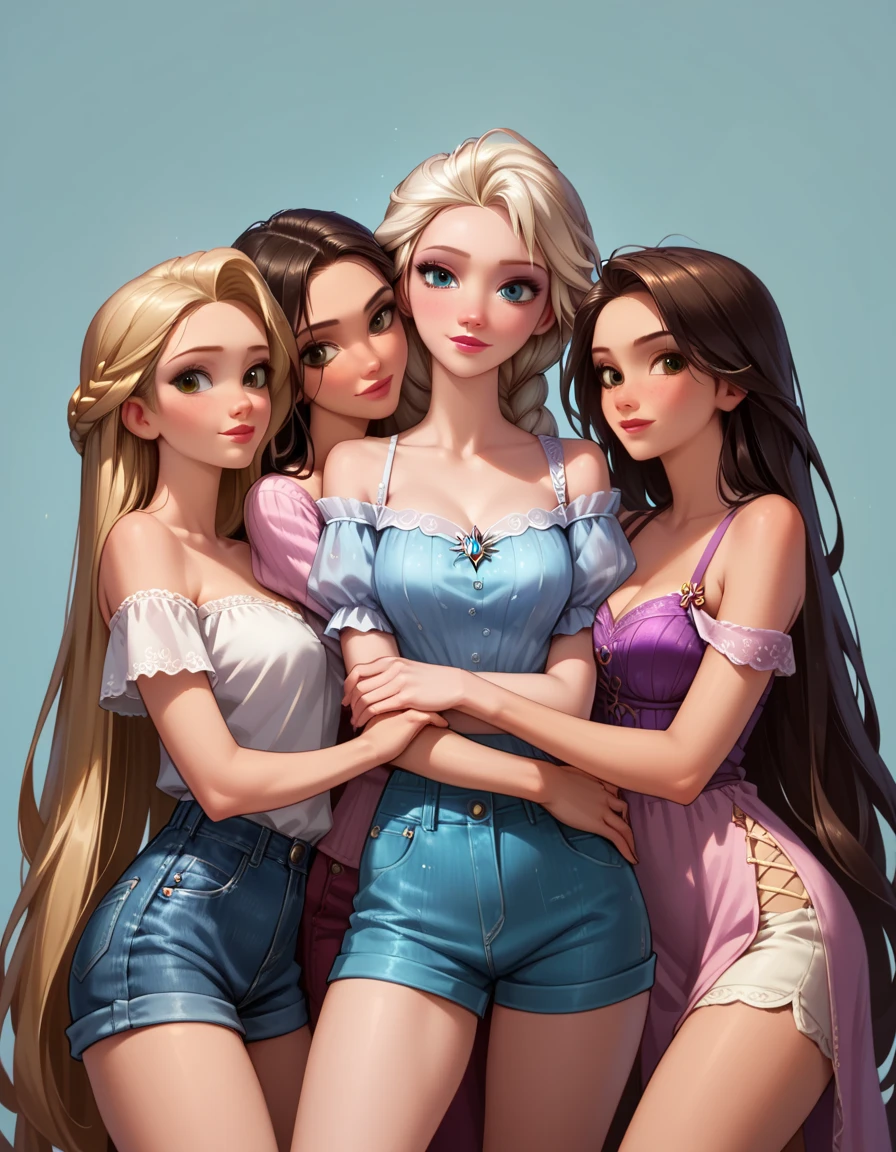 score_9, score_8_up, score_7_up, score_6_up, rating_questionable, 4girls, group, beautiful waifu, very sexy Anna, Elsa, Ranpunzel, and Megara, embracing, wearing (cute shorts and off the shoulder blouses, bare arms:1.1), sexy look, eyes half-closed, filled lips, thick lips, detailed eyes, detailed face, dimly lit, perfect hands, (Hand, detailed, perfect, perfection, hands:1.2), perfect proportions, simple background, (cowboy shot:1.4).