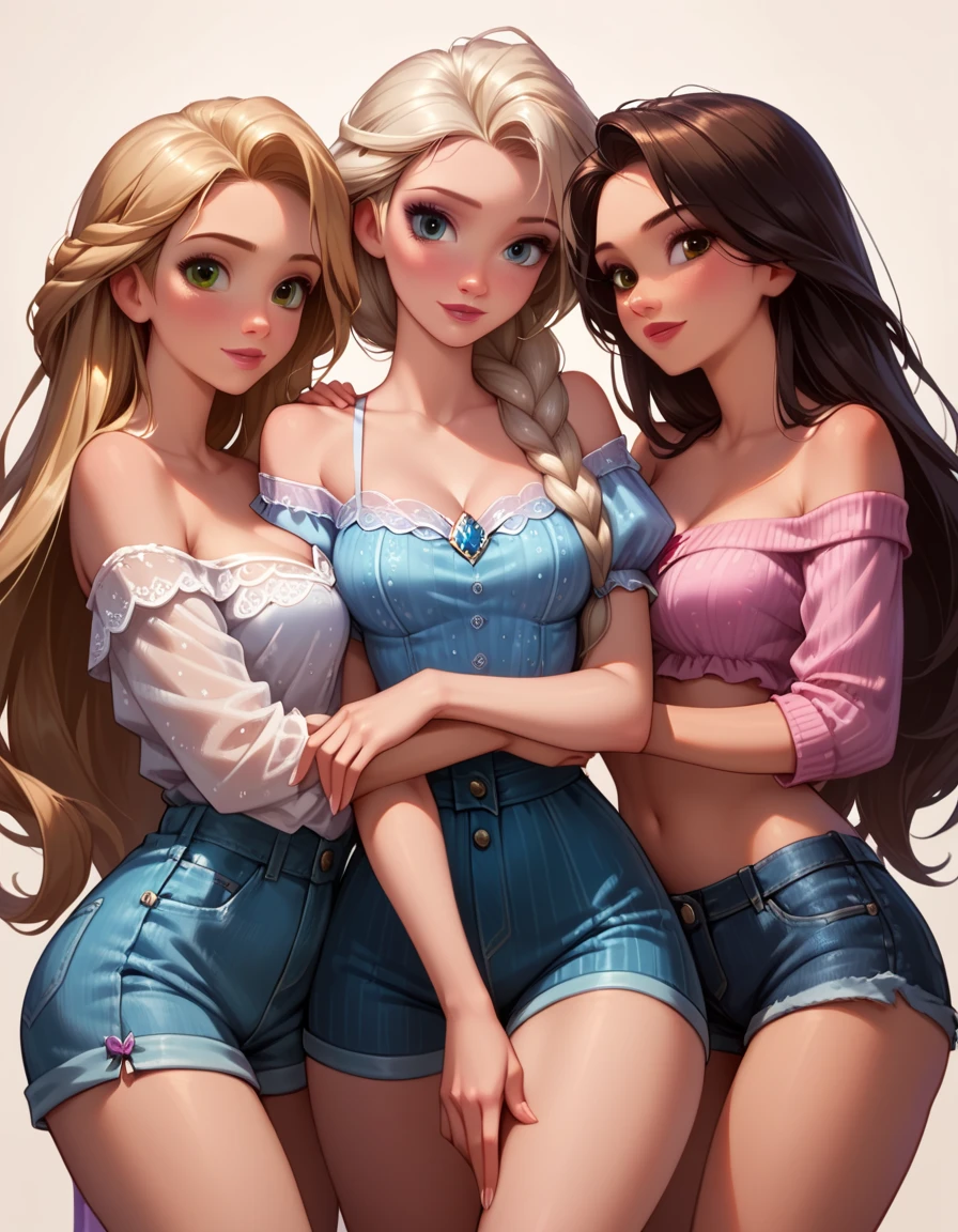 score_9, score_8_up, score_7_up, score_6_up, rating_questionable, 4girls, group, beautiful waifu, very sexy Anna, Elsa, Ranpunzel, and Megara, embracing, wearing (cute shorts and off the shoulder blouses, bare arms:1.1), sexy look, eyes half-closed, filled lips, thick lips, detailed eyes, detailed face, dimly lit, perfect hands, (Hand, detailed, perfect, perfection, hands:1.2), perfect proportions, simple background, (cowboy shot:1.4).