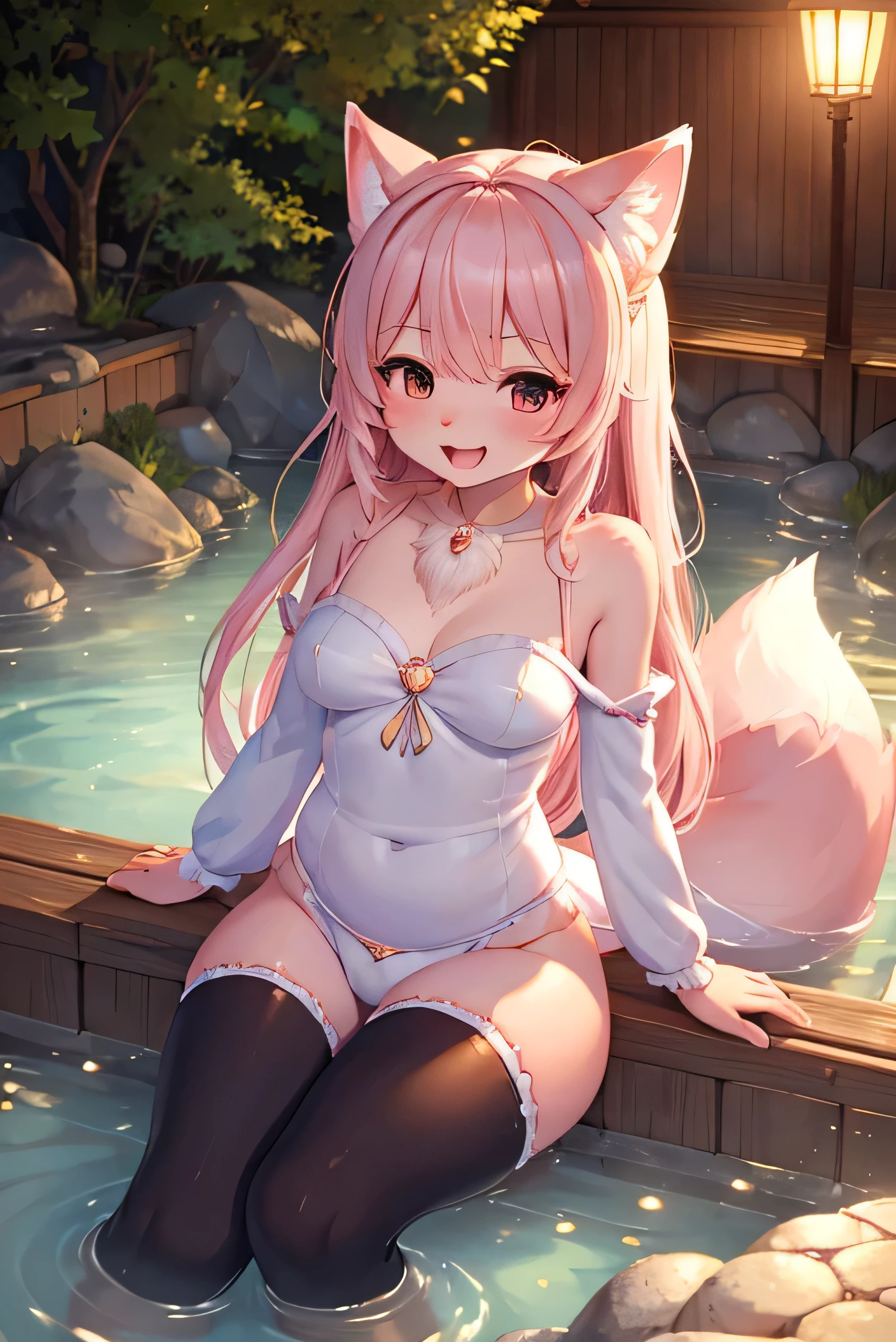 ( super detailed),((  is very delicate and beautiful )), best quality, highest resolution,(The personification of Fluffy  :1.3),ピンクの狐の女の子,,smile, open your mouth,smile, fur on FL,pink fox girl in revealing tights 、hot spring