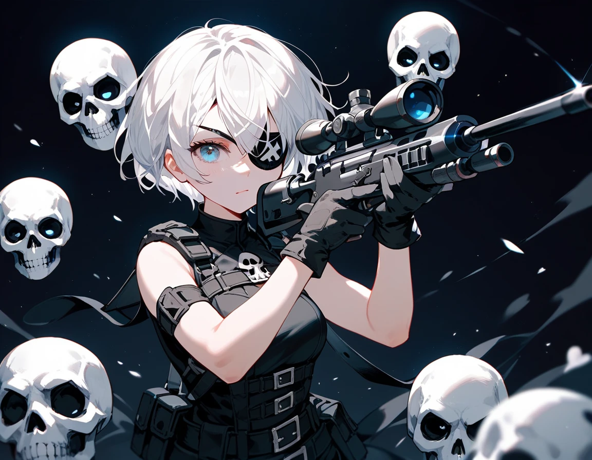  ,White hair,Short hair, eyes patch, in blue eyes, medium breasts,Dark circles under the eyes,cute,Wearing black gloves ,Sleeveless shirt,Holding a black sniper ,White skull on the shoulder, black shorts