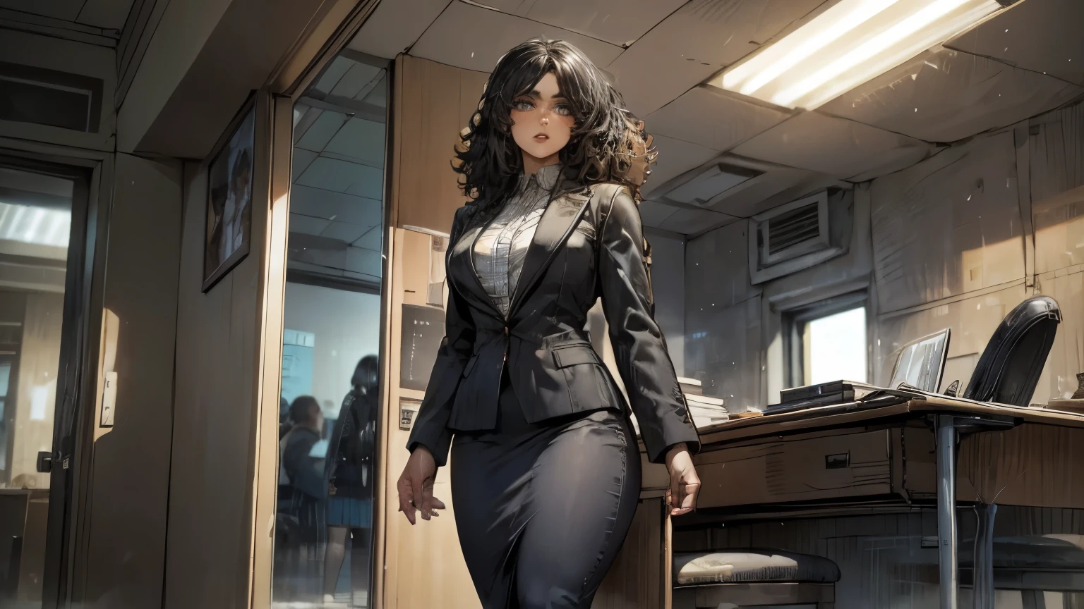 Create a realistic image of a beautiful Caucasian woman with long, curly black hair cascading down her shoulders. She has fair skin and striking blue eyes that convey confidence and determination. Her figure is curvy with an hourglass silhouette, accentuated by long, elegant legs. She is dressed in a stylish, feminine business suit that fits her perfectly, featuring a tailored blazer and a sleek pencil skirt. The suit should be in a sophisticated color, perhaps navy or charcoal, with subtle patterns or textures that add a touch of elegance. She stands in a modern office environment, exuding professionalism and poise, with a confident expression that reflects her ambition and capability.