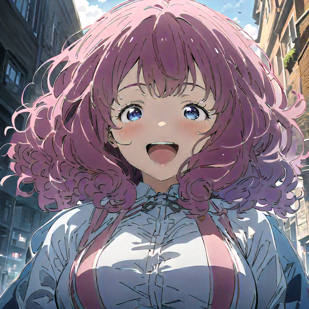 (((masterpiece))),((( best quality))),((( Extremely detailed))), Best Quality, high definition , 1 girl, Alone, Yanami_Anna (Make-in), Big Breasts,  dark blue eyes, Salmon pink hair, Thick Hair, curly hair, Double Exposure, smile,  excited ,Town, Decisive Pose