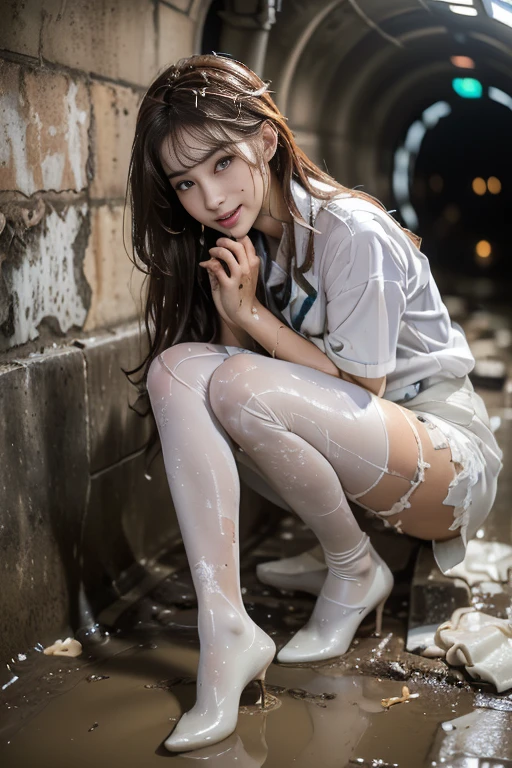 ((((dirty white Pantyhose)))) ,((((wet white pantyhose)))), (((((dirty white Shirt))))) , realisitic、top-quality、crisp photos、(((Brick underground tunnel、Foul-smelling sewer、Littered with filth、Sewage channels full of feces、a lot of garbage and junk、The dirtiest sewer)))、Bricks are covered with moss、((beautiful a girl、Constricted waist、zombie face、dense dirty brown hair、Refreshing look、Pleasant look、Happy expression、Joy covered in filth、Glad to get dirty))、(dirty school girl uniform、Tangier、brawn hair)、((long and beautiful legs are dirty、Lying face down on filth、Girl with beautiful ass、Scoop out filth with both hands、Beautiful girl's hair is covered in mud、The joy of lying in dirty sewage))、(((I want to smear filth all over my body.、A large amount of sewage flows down the head、The whole body is full of filth、Stick out your buttocks and open your legs、a large amount of dirty garbage and waste,,、Heaps of garbage))