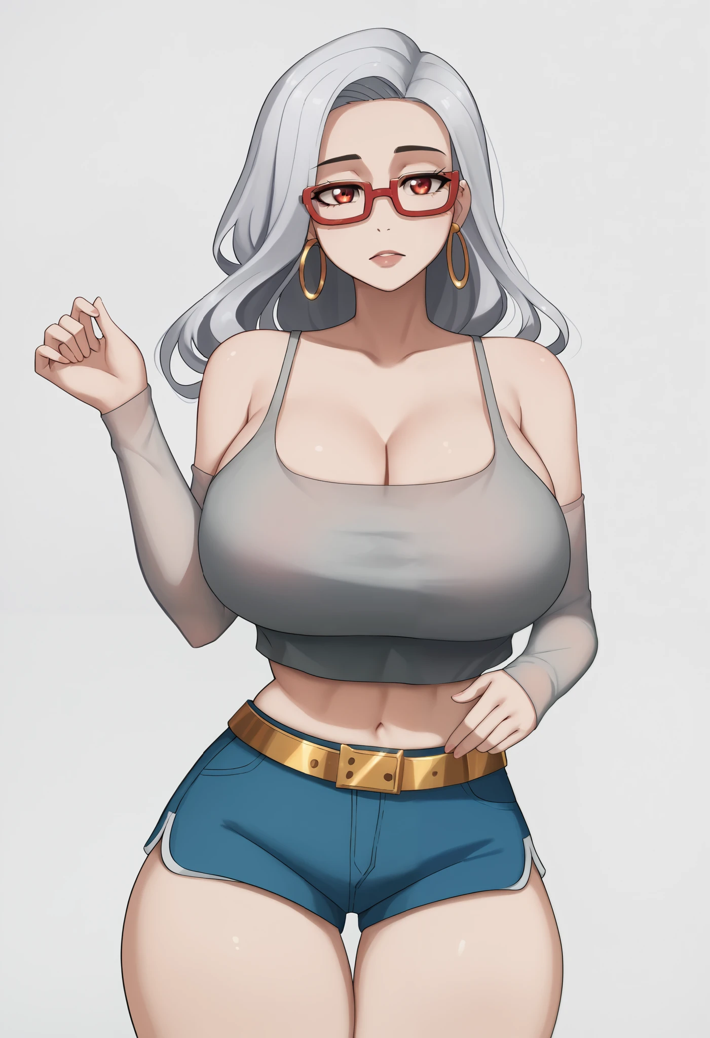 Teenage girl, stylized anime character , long silver hair , wearing red-rimmed glasses , large gold hoop earrings ,She is dressed in a fitted light-gray tank top with deep cutouts, cute , huge breasts,complemented by high-waisted blue shorts with a prominent golden belt buckle ,Her look is accentuated by long, sheer arm sleeves , thigh-high gray socks, The minimalist white background enhances the character’s striking appearance and emphasizes the sleek, modern anime aesthetic,Elijahzx art style, cleavage