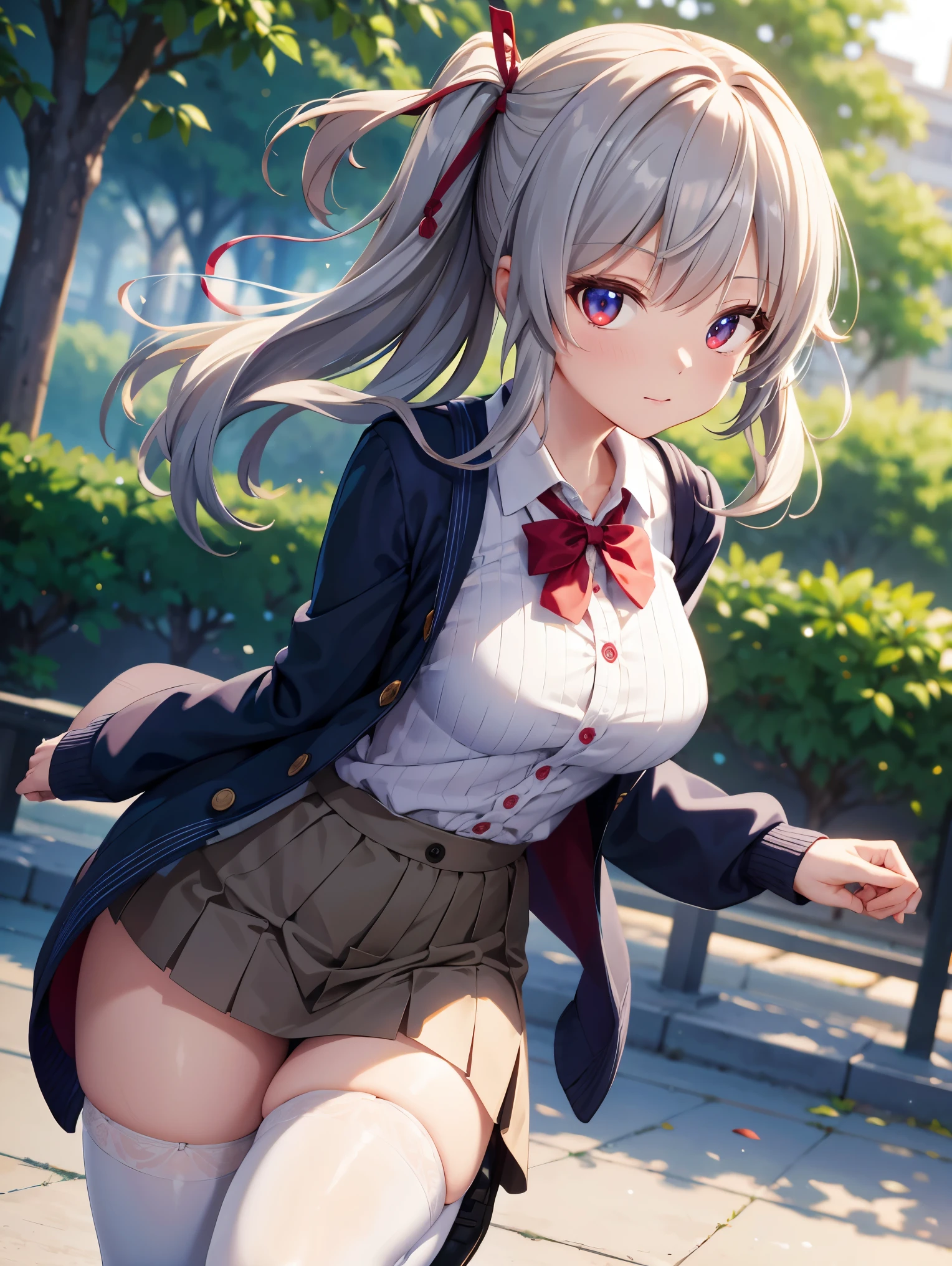 masterpiece, (realistic, photo realistic:1.2), ((highest quality), extremely fine and beautiful, beautiful face details, real human skin, realistic, photorealistic, cowboy shot, Alisa Mikhailovna Kujou, ahoge, long hair, grey hair, hair intakes, hair ribbon, red ribbon, sidelocks, hair between eyes, bangs, blue eyes, school uniform, grey jacket, cropped jacket, blazer, open jacket, open clothes, wing collar, red bowtie, collared shirt, white shirt, medium breasts, long sleeves, black dress, pleated dress, double-breasted, zettai ryouiki, white thighhighs, White underwear, (wind, wind lift, Skirt lifted by the wind, skirt rolled up by the wind, Skirt flutters:1.5), (Fully exposed panties:1.5), (white panties:1.5), (standing :1.2)