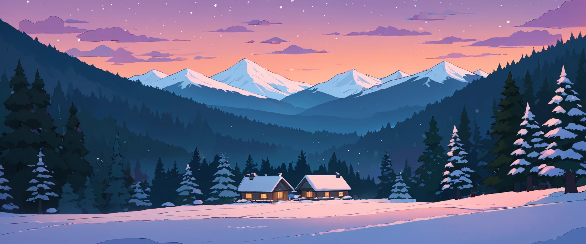 Christmas vibes ultrawide ,cozy ,lofi ,landscape ,forest ,mountain