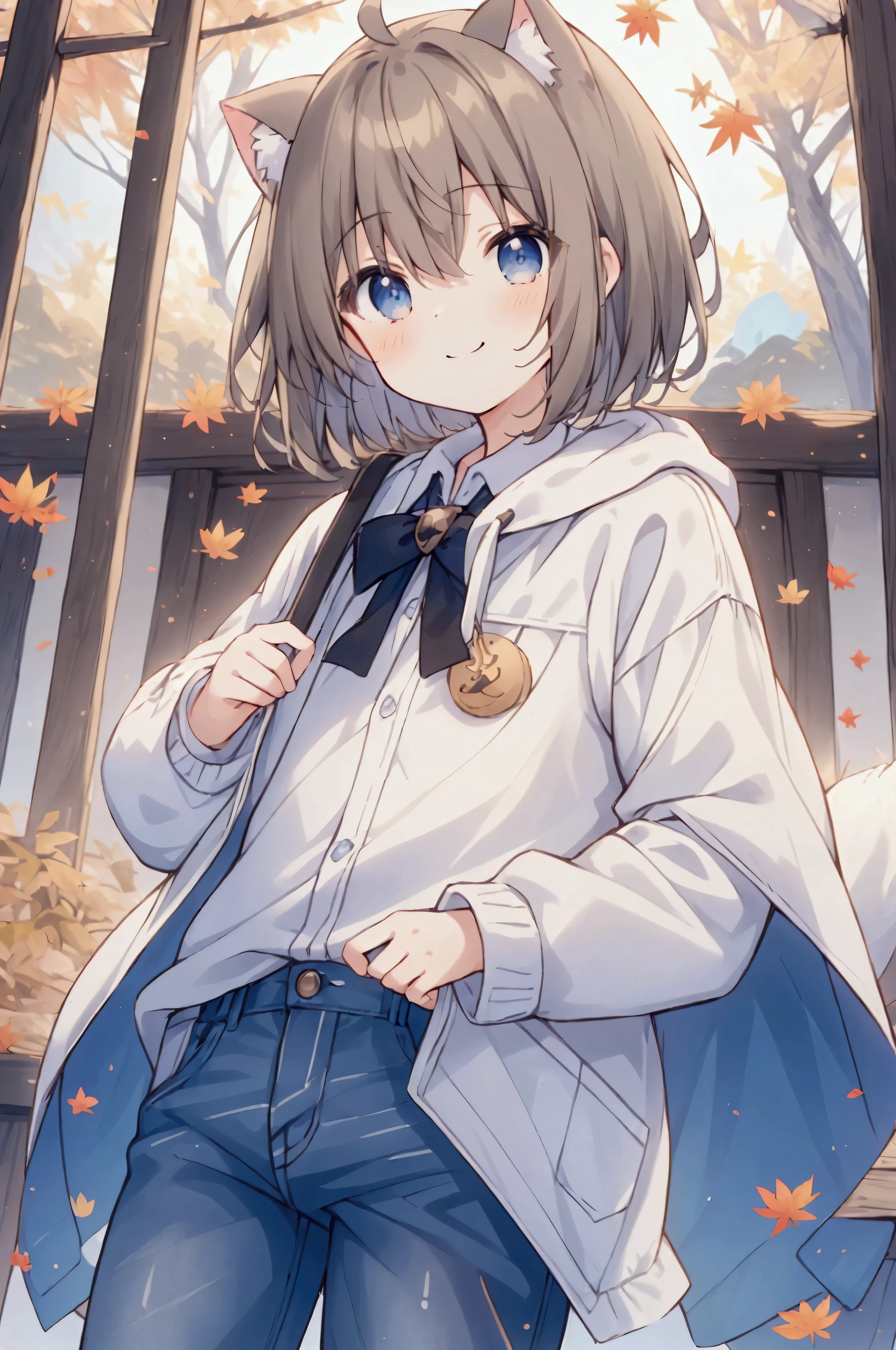  best quality、 boys、Boys alone、one boy,  cute、anime、( light brown short hair)、droopy dog ears、 light blue eyes、 white shirt、black coat、 jeans、smile、Autumn leaves lined、Sunlight , tall hight