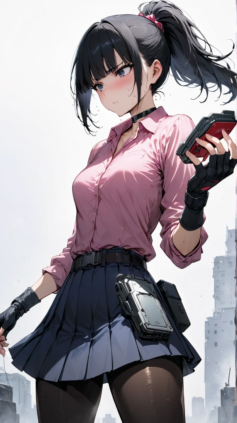 1girl, <lora:NayoFF7RIL:1> nayoFF7R.
an illustration of a girl adjusting her glasses.
short hair, black hair, brown eyes, glasses, blue cropped blazer, black collared shirt, red necktie, short sleeves, white bracer, belt, red pleated skirt, fishnet thighhighs,
looking at viewer, arm under ,
standing, adjusting eyewear,
blue sky, outdoors, abandoned factory, wasteland, mechanical walls,
masterpiece, perfect quality, best quality, absolutely eye-catching