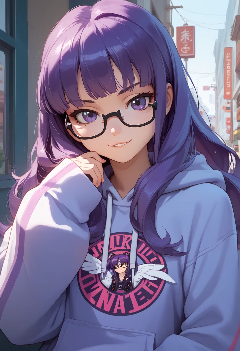 ((masterpiece)), 1girl, solo, long hair, dark purple hair, wearing glasses, sharp glasses, sly smirk, oversize hoodie, oversize sleeves, lesbian, cruel, sadistic smirk, looking at viewer, young, very young, 90s anime style, cute.