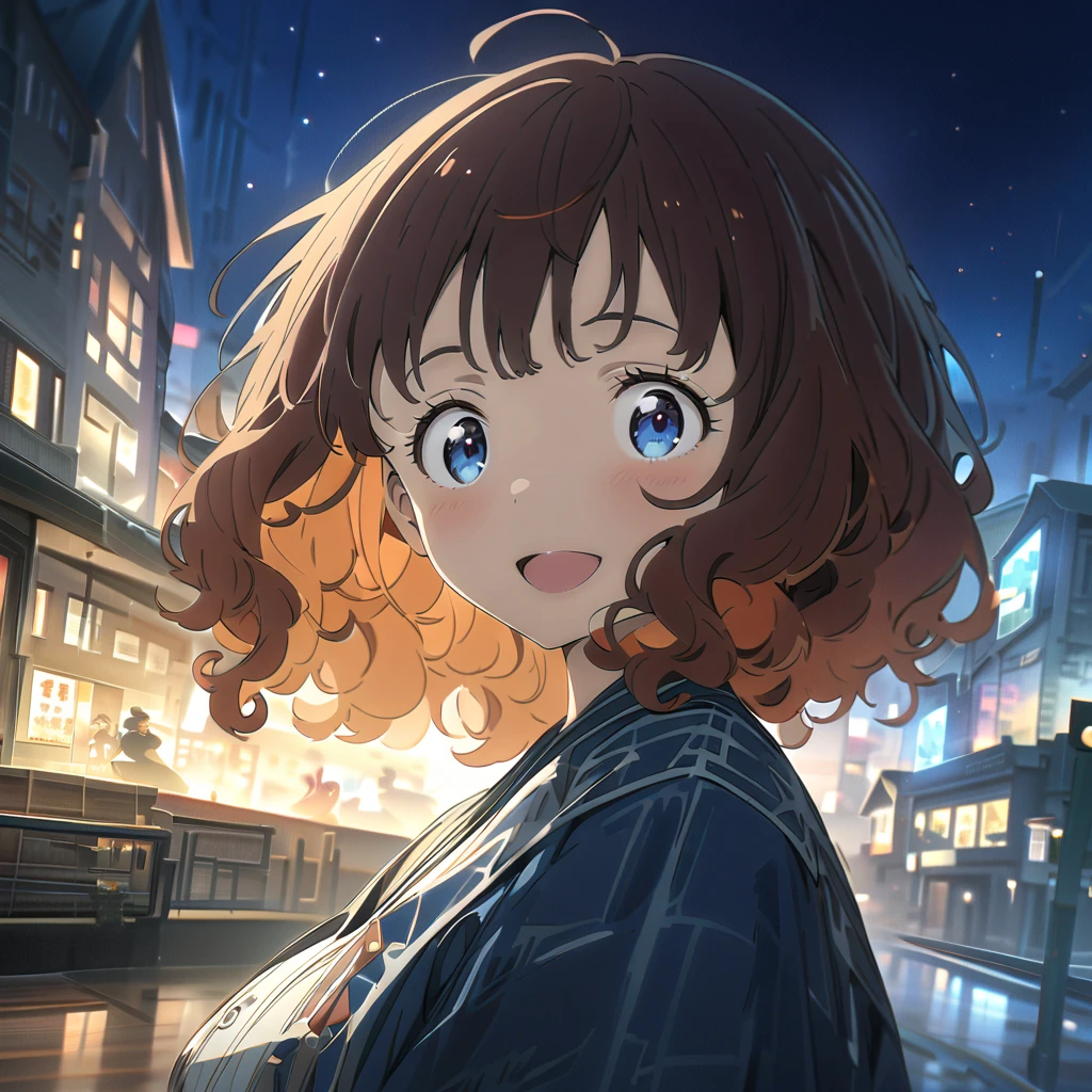 (((masterpiece))),((( best quality))),((( Extremely detailed))), (((Best Quality))),((( high definition ))), 1 girl, Alone, Yanami_Anna (Make-in), Big Breasts,  dark blue eyes,  orange hair, Thick Hair, curly hair, Double Exposure, smile,  excited ,Town,Wave