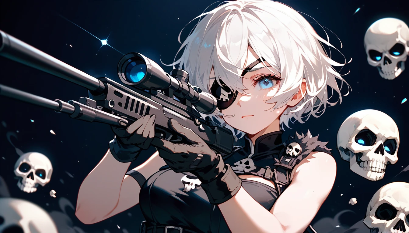  ,White hair,Short hair, eyes patch, in blue eyes, medium breasts,Dark circles under the eyes,cute,Wearing black gloves ,Sleeveless shirt, holding a black sniper,White skull on the shoulder, Black Shorts ,Don't aim 