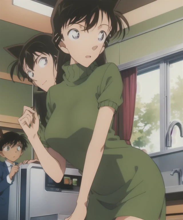 1girl,green dress,one-piece dress,turtleneck,green miniskirt,{light green cropped jacket,green socks,,sink,laundry,kitchen,bringing upper body to the sink,open,back view of leaning forward