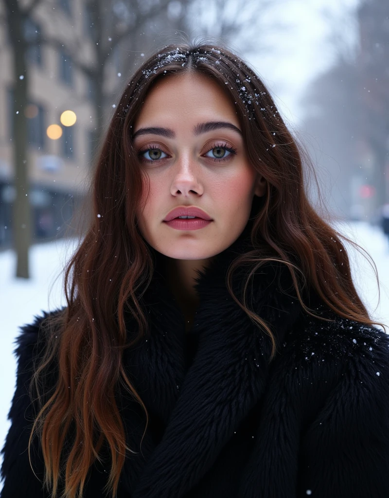 professional portrait photograph of a gorgeous woman (ell4purn3llflx) in winter clothing with long wavy hair, gorgeous symmetrical face, wearing elegant warm fur winter fashion clothing, snowing, fog,ultra sharp, detailed face, stunning modern urban environment, ultra realistic, highly detailed, intricate, sharp focus, depth of field, medium shot, hdr, 8k, perfecteyes eyes, high contrast