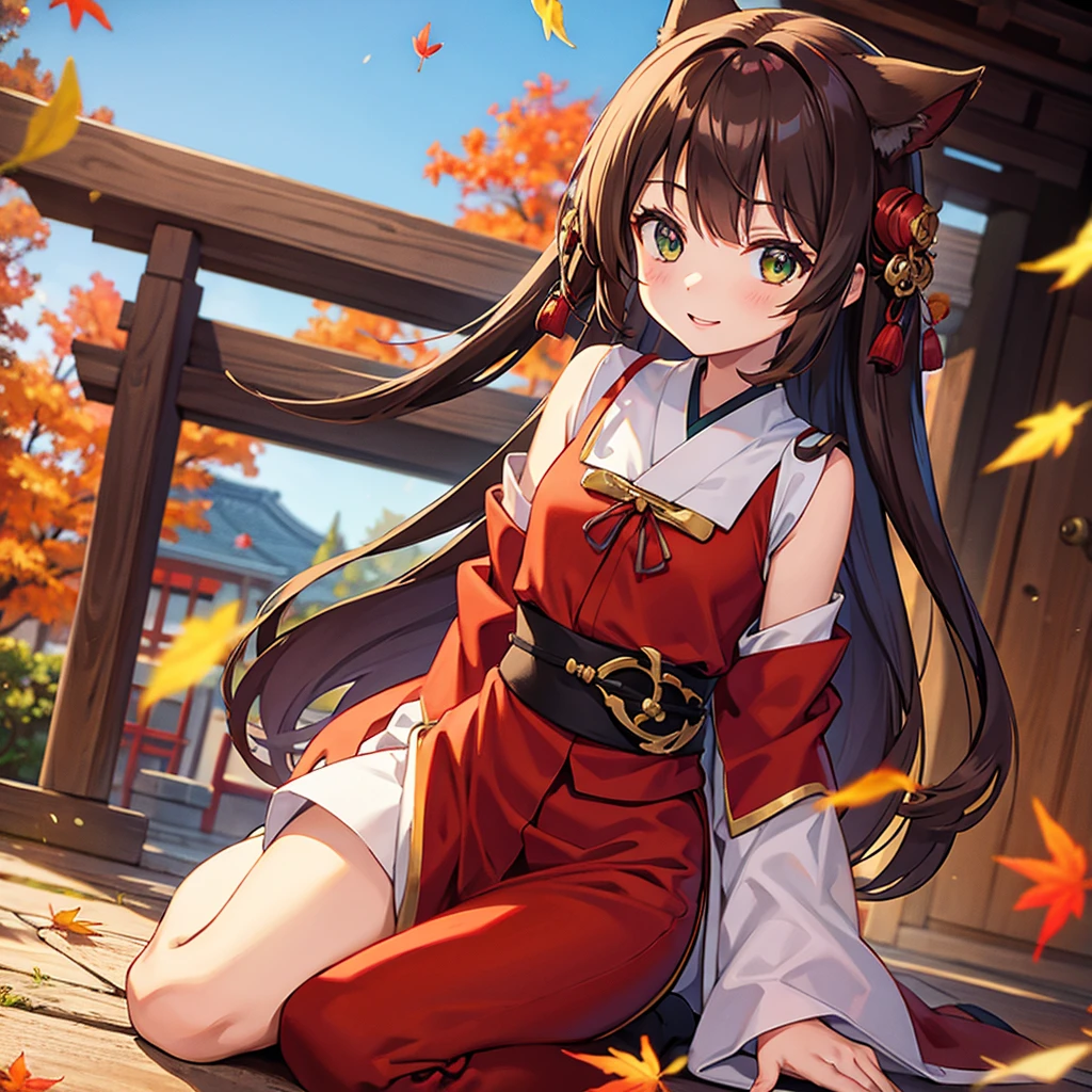 shrine maiden costume, 1girl, solo, autumn sky, autumn leaves, Kyoto, light brown hair, long hair, dark green eyes, fox spirit, flat chest, slim figure, smile, perfect anatomy