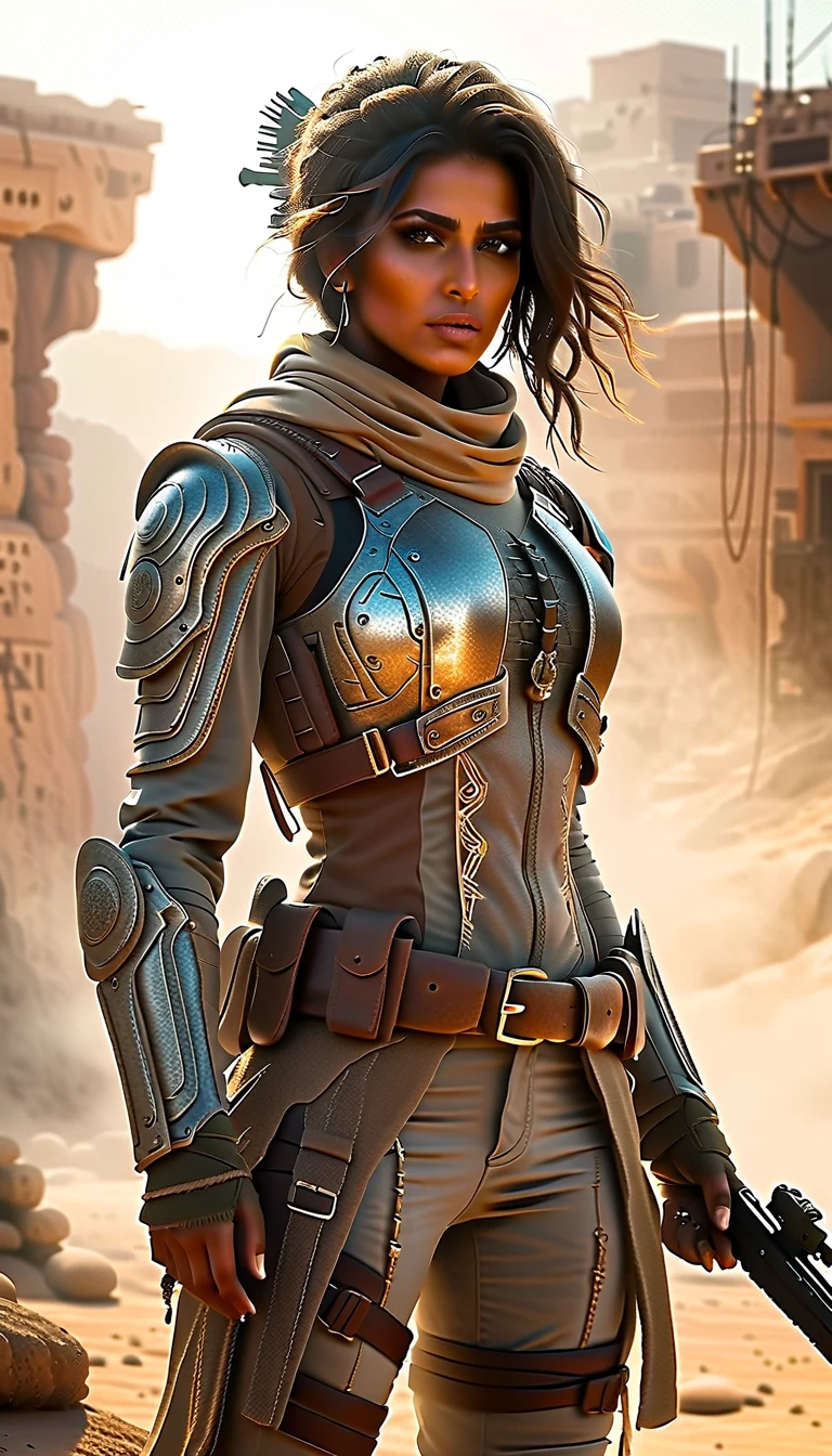 body turned around view, highly detailed and photorealistic depiction of a Persian female post-apocalyptic warrior. She exudes confidence and resilience, wearing a scratched silver combat suit with intricate biomechanical details and a weathered leather jacket layered over her armor. Wearing a hat with crow feathers , apocalyptic soldier gear, with subtle tactical designs. The outfit includes gradient lighting effects reflecting off metallic surfaces, emphasizing the advanced technology of her attire. Her ensemble combines elegance and functionality, adorned with carefully detailed straps, holsters, and protective gear. She carries a futuristic weapon, a hybrid rifle with glowing accents. Her boots are reinforced with rugged detailing, suitable for traversing harsh terrains. The background shows a post-apocalyptic urban wasteland bathed in dramatic lighting, with dust and ruins framing the scene. Barbed wire wrapped around the character, The character is ready for action, her determined gaze capturing the spirit of survival. Perfect for a dynamic shooter game character.
