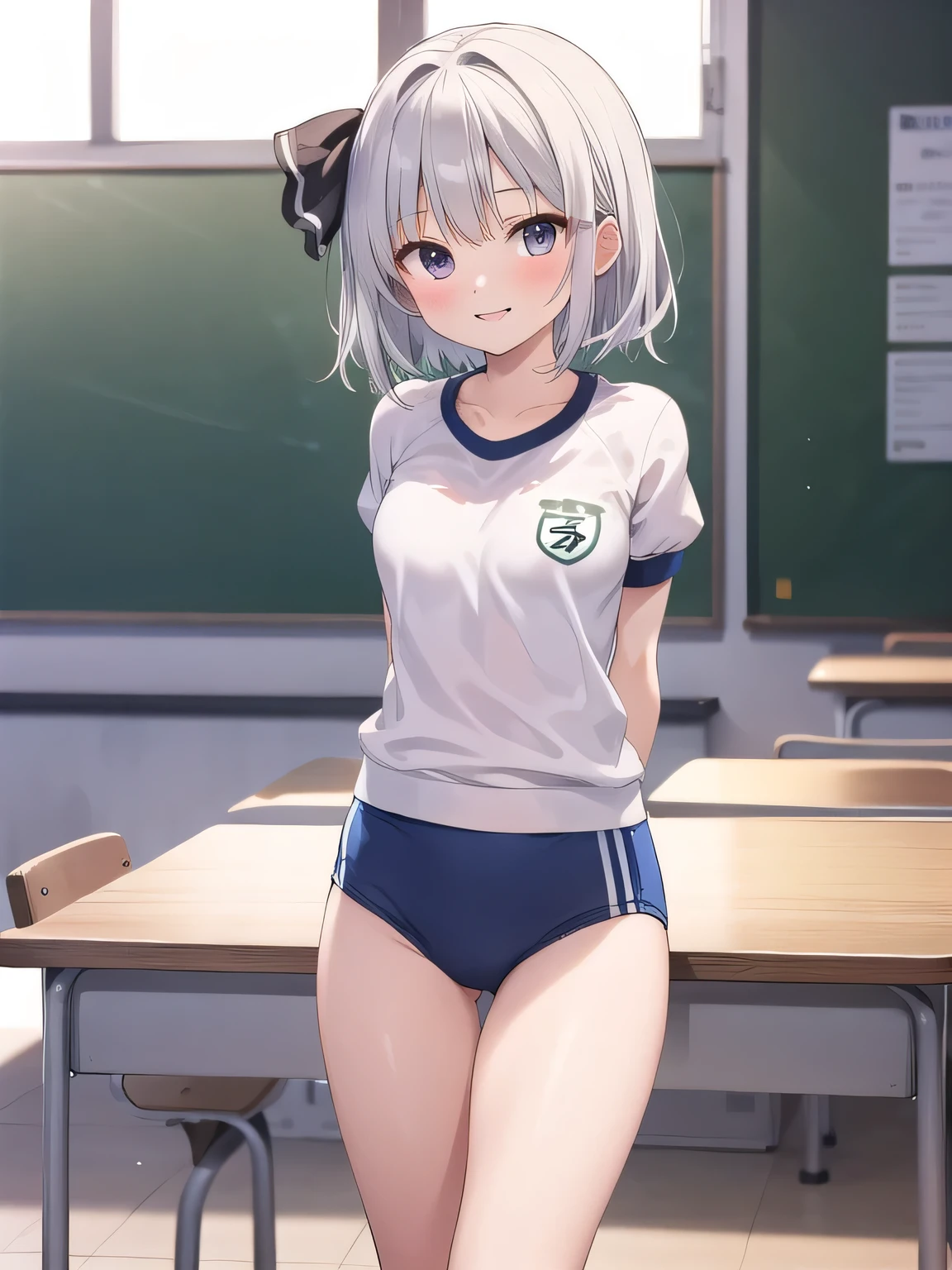 (((((whole body)))))、Youmu, This is a very cute gym uniform 、smile,、cowboy shot、leaning forward、