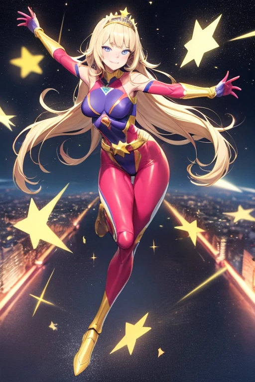 ((best quality)), ((masterpiece)), (detailed), 1 girl, Full body, 19 years old, Smiling face, Blue eyes, Star-shaped tiara, Arms outstretched, Arms behind waist, Masked, Eye mask, Blue superhero mask, Blushing, Blonde hair, Straight hair, Long hair, Bangs, 2 star clips on the sides of hair, Full body, Medium , Slim body, Hands with yellow stars, Wrist bands, Long yellow gloves, Purple gloves, Superhero costume, Superheroes, Yellow leotard suit, With a big yellow star in the center, Star emblem, Somewhat tight, Long yellow cape on waist, Red belt, Purple thighs, Purple pantiese boots, Flying, City background, Anime