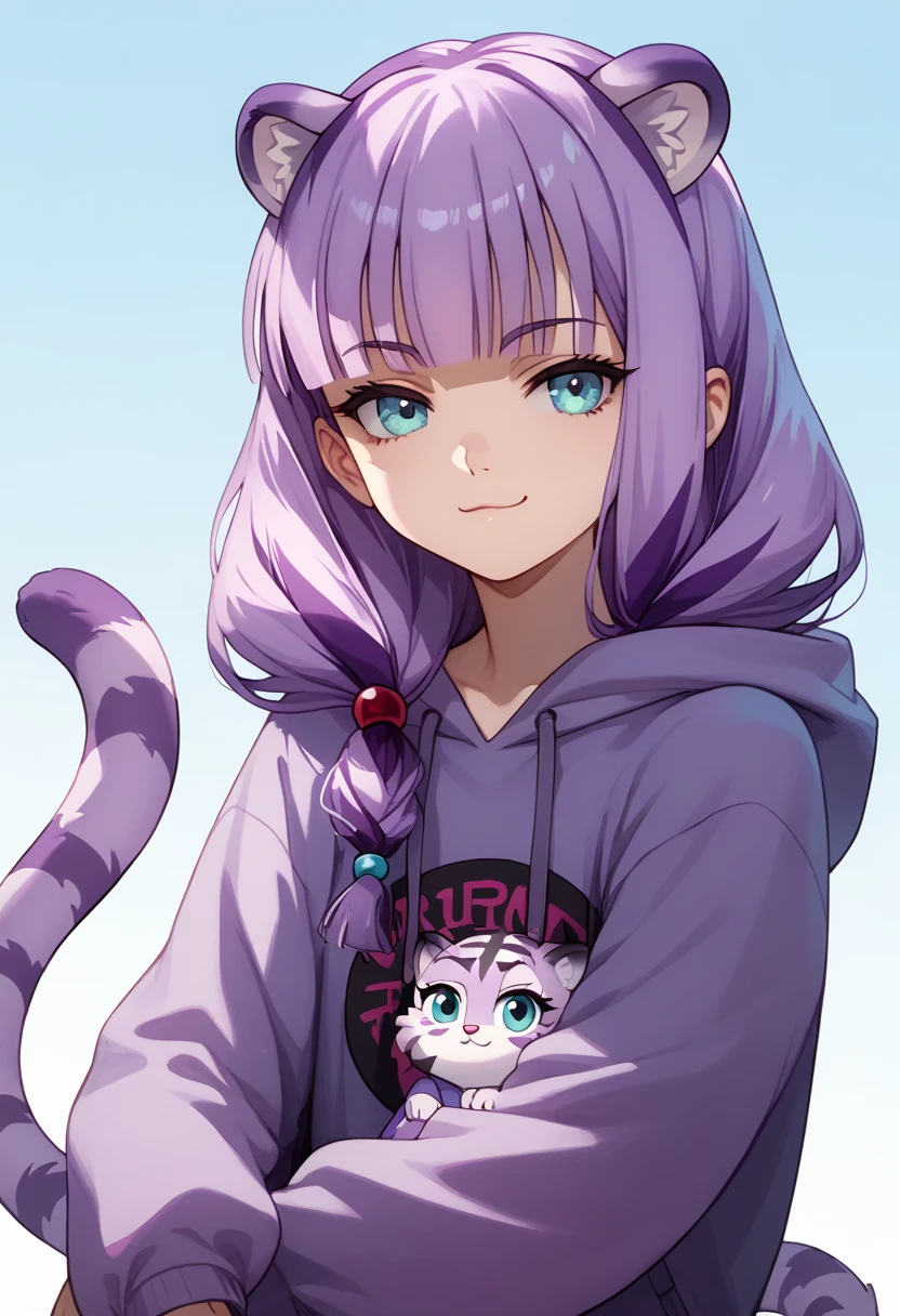 ((masterpiece)), 1girl, solo, long hair, dark purple hair, sly smirk, oversize hoodie, oversize sleeves, lesbian, cruel, sadistic smirk, looking at viewer, young, very young, 90s anime style, cute, lilac tiger tail, lilac tiger ears.