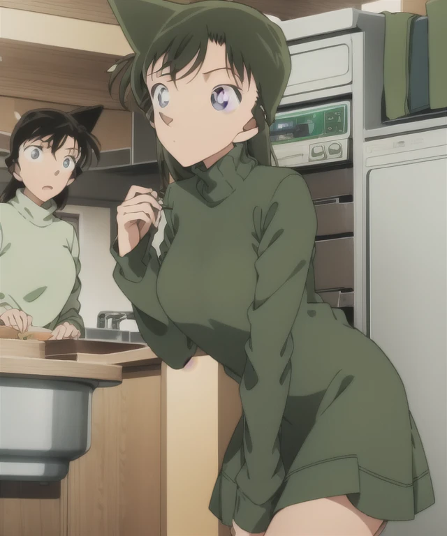 1girl,green dress,one-piece dress,turtleneck,green miniskirt,{light green cropped jacket,green socks,,sink,laundry,kitchen,bringing upper body to the sink,open,back view of leaning forward