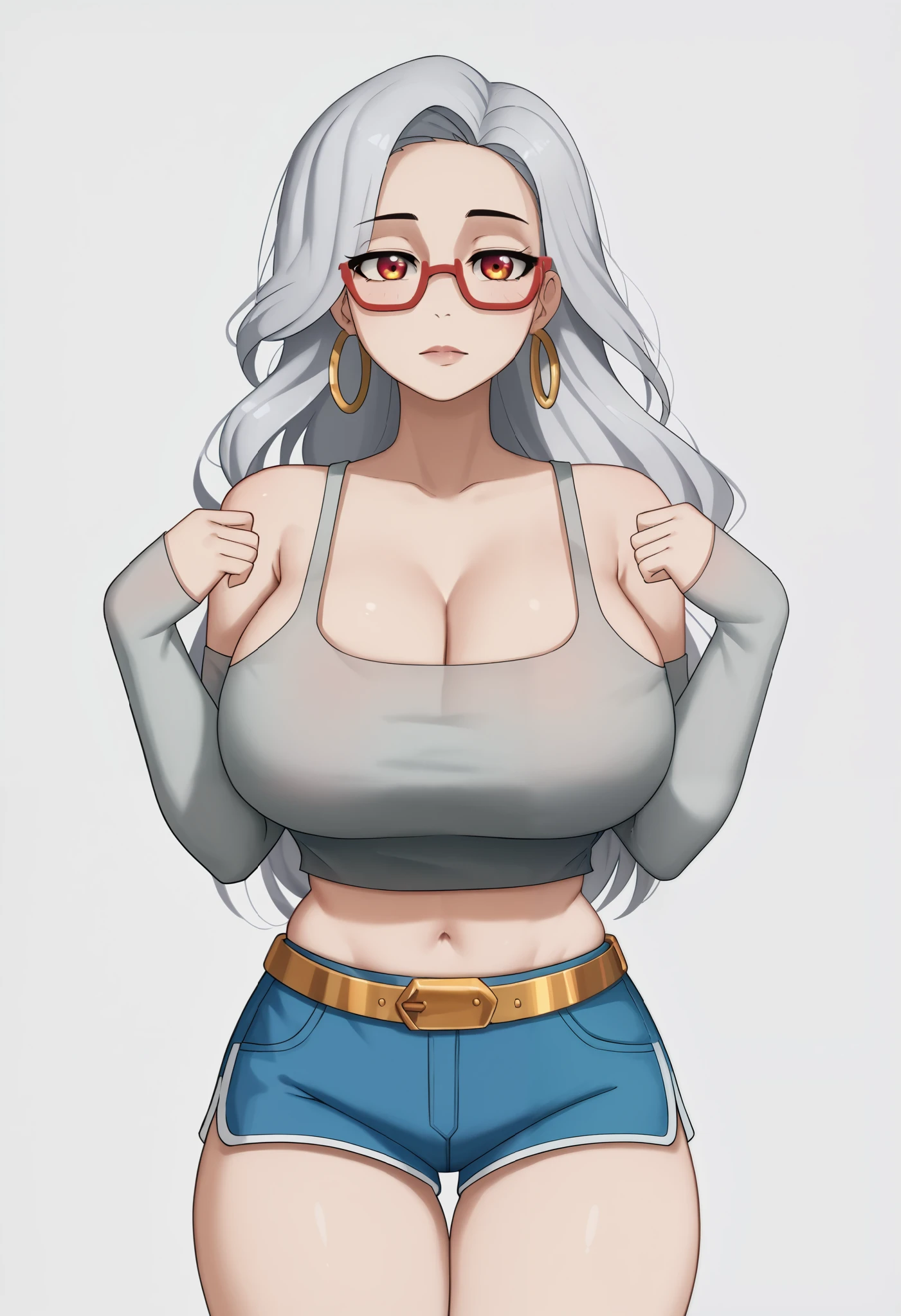 Teenage girl, stylized anime character , long silver hair , wearing red-rimmed glasses , large gold hoop earrings ,She is dressed in a fitted light-gray tank top with deep cutouts, cute , huge breasts,complemented by high-waisted blue shorts with a prominent golden belt buckle ,Her look is accentuated by long, sheer arm sleeves , thigh-high gray socks, The minimalist white background enhances the character’s striking appearance and emphasizes the sleek, modern anime aesthetic,Elijahzx art style, cleavage