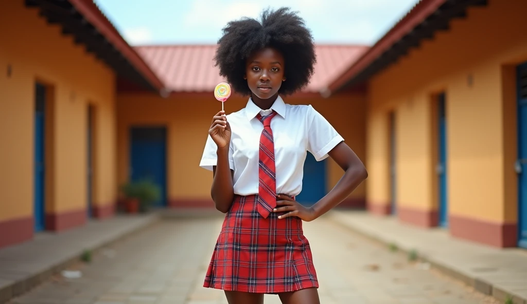 (medium full shot) of (adorable school student) young woman, african, dark skin, black eyes, lithe build, medium hazel hair, wearing a navy blue long-sleeve blouse with a red plaid tie, checkered skirt, brown loafers, lunchbox and water bottle, set in public Toilet, Industrial chic, exposed pipes, concrete floors, stainless steel sinks, Edison bulb lighting fixtures, graffiti-style artwork adorning the walls, laughing, arms crossed, Masterpiece,best quality, photorealistic, amazing quality, very aesthetic, extremely detailed face,