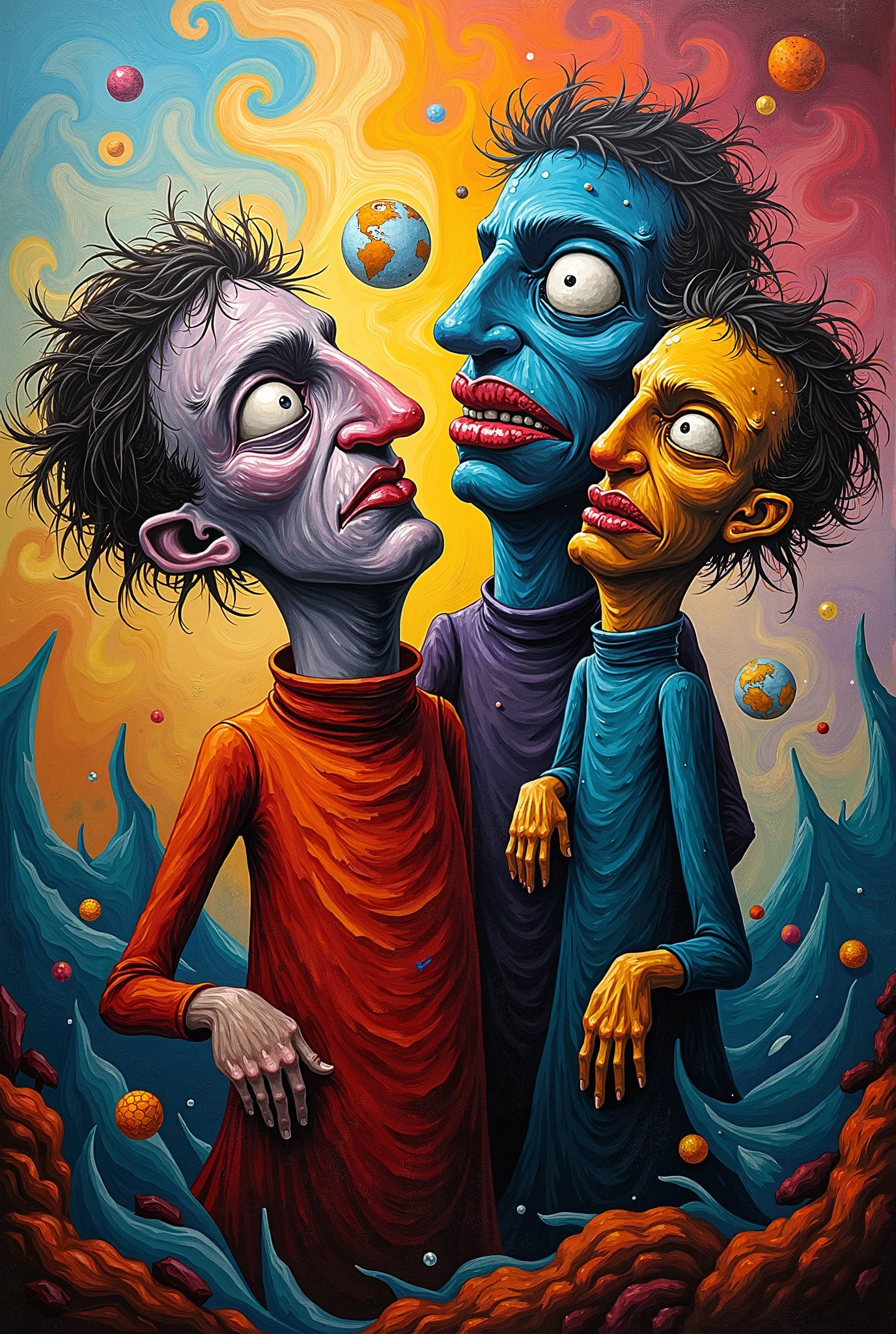 Four Humans。Smooth whole body。Full body blue。Eyes closed。Laughing with mouth wide open。Gray background only。A disgusting worldview。