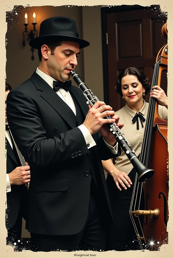 Vintage 1890s poster featuring a live Jewish klezmer band. Artist Henri de Toulouse-Lautrec captures the essence of the era with his unique, gritty drawing style. The man prominently plays the clarinet while the other musicians, including the woman accordionist and man bassist, are in the background. The overall design is in black and brown, with a sense of movement and energy. The poster's rough edges and shabby appearance add to its historical charm.