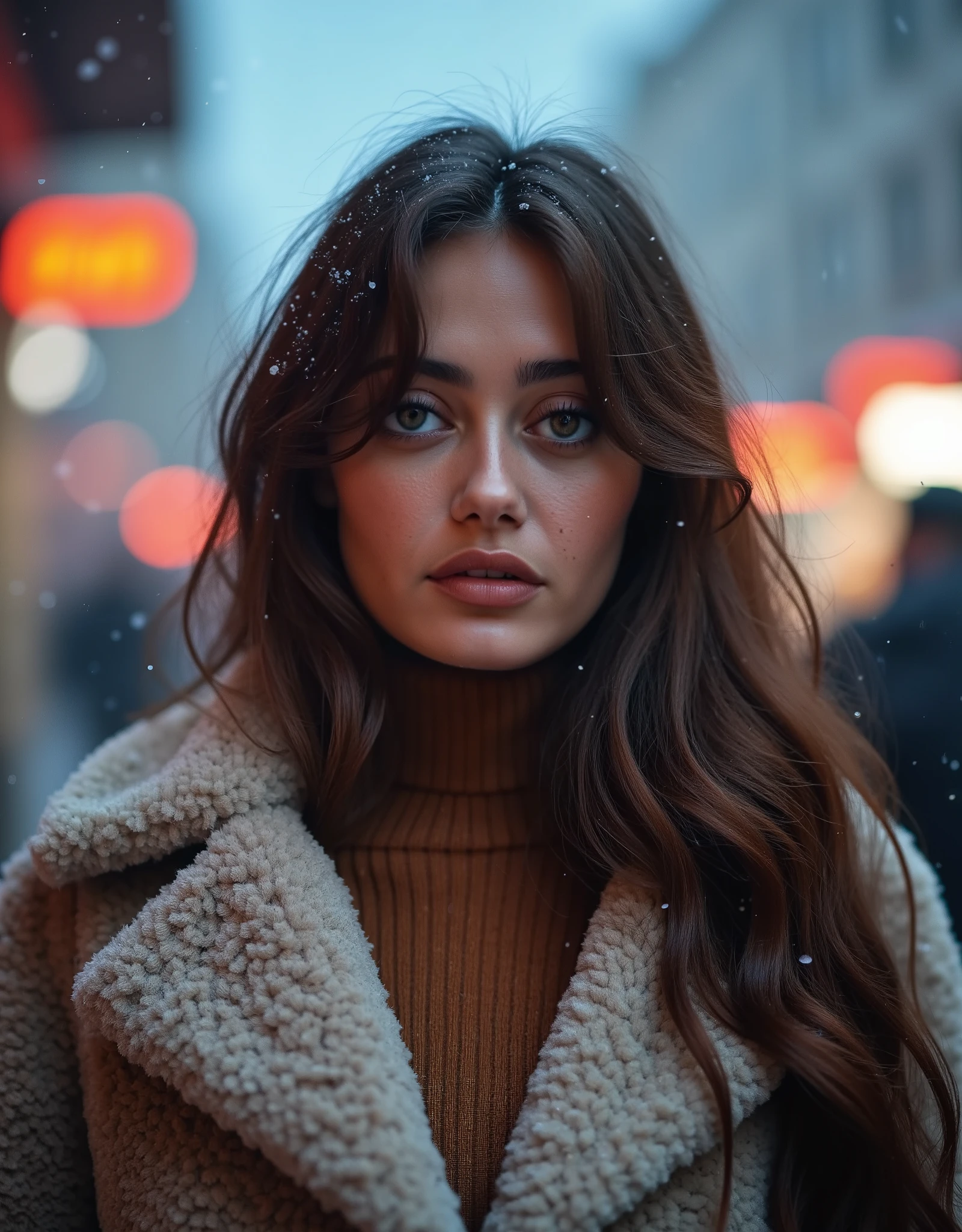 professional portrait photograph of a gorgeous woman (ell4purn3llflx) in winter clothing with long wavy hair, gorgeous symmetrical face, wearing elegant warm fur winter fashion clothing, snowing, fog,ultra sharp, detailed face, stunning modern urban environment, ultra realistic, highly detailed, intricate, sharp focus, depth of field, medium shot, hdr, 8k, perfecteyes eyes, high contrast