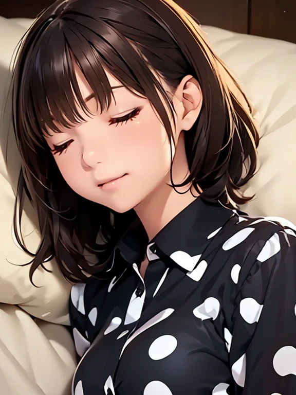   high definition  ,In 8K, best quality , Details,Semi-realistic anime, D-anime style, Smooth Anime CG , one girl, 19-year-old Japanese woman, very cute ,((beauty)), slim,modeling,((Sparkling Eyes)),(( medium hair)),((( black collared shirt))), pink lips, Shiny brown hair, Detailsな顔,Beautiful and  Details,,((( close your eyes))),(Shut your mouth.),((white polka dot pattern on a black shirt)),(With shirt on),((Disheveled Hair)),((On a bright bed)),((枕を抱きしめてsleeping face)),((sleeping face))