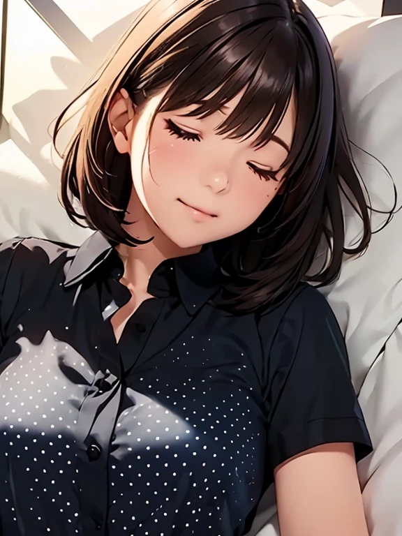   high definition  ,In 8K, best quality , Details,Semi-realistic anime, D-anime style, Smooth Anime CG , one girl, 19-year-old Japanese woman, very cute ,((beauty)), slim,modeling,((Sparkling Eyes)),(( medium hair)),((( black collared shirt))), pink lips, Shiny brown hair, Detailsな顔,Beautiful and  Details,,((( close your eyes))),(Shut your mouth.),((white polka dot pattern on a black shirt)),(With shirt on),((Disheveled Hair)),((On a bright bed)),((枕を抱きしめてsleeping face)),((sleeping face))