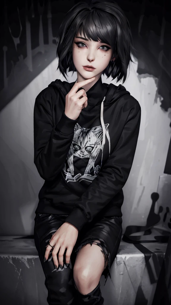 Maxine Caufield, 1-person, black lipstick, eyeliner, eye shadow, mascara, smoky eyes, black lips, natural lighting, black lips, sweatshirt, sweetheart, realistic, perfect, excellent quality, high definition, RAW, hood-up, concealed identity, tired eyes, baggy eyes, selfie expression, solo., realism, HD, 4K, 8K, UHD, anatomically correct, masterpiece, accurate, high quality, highres, award winning, super detail, looking at viewer, humanoid, 5 fingers each hand, pair of hands, depth of field, photographic