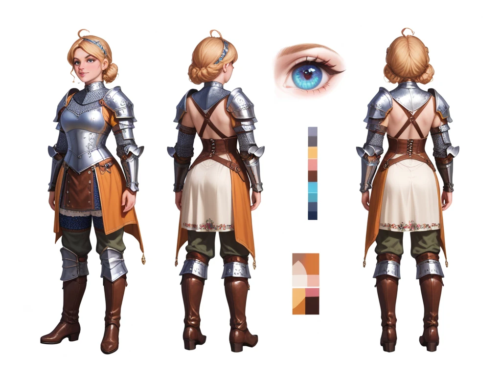 highres, masterpiece,
multi-view, turnaround, model sheet,  character design,
white background, simple background,
full body character turnaround of 1girl, Multiple views of the same character in the same outfit,
medieval, fantasy,
female warrior, medieval armor,  plate, detailed outfit, metallic  plate, pauldrons, arm guards, knee pads, white and purple tunic, beige pants, black boots, short blonde hair, ponytails, adventure genre, clothed in layers, cloth and metal attire, armored gloves, 
<lora:CharTurnRetag_v4:0.1>
<lora:Witcher3turn_v1:0.1>
<lora:Medieval2turn_v1:0.6>
<lora:bg3Turn_v1:0.1>