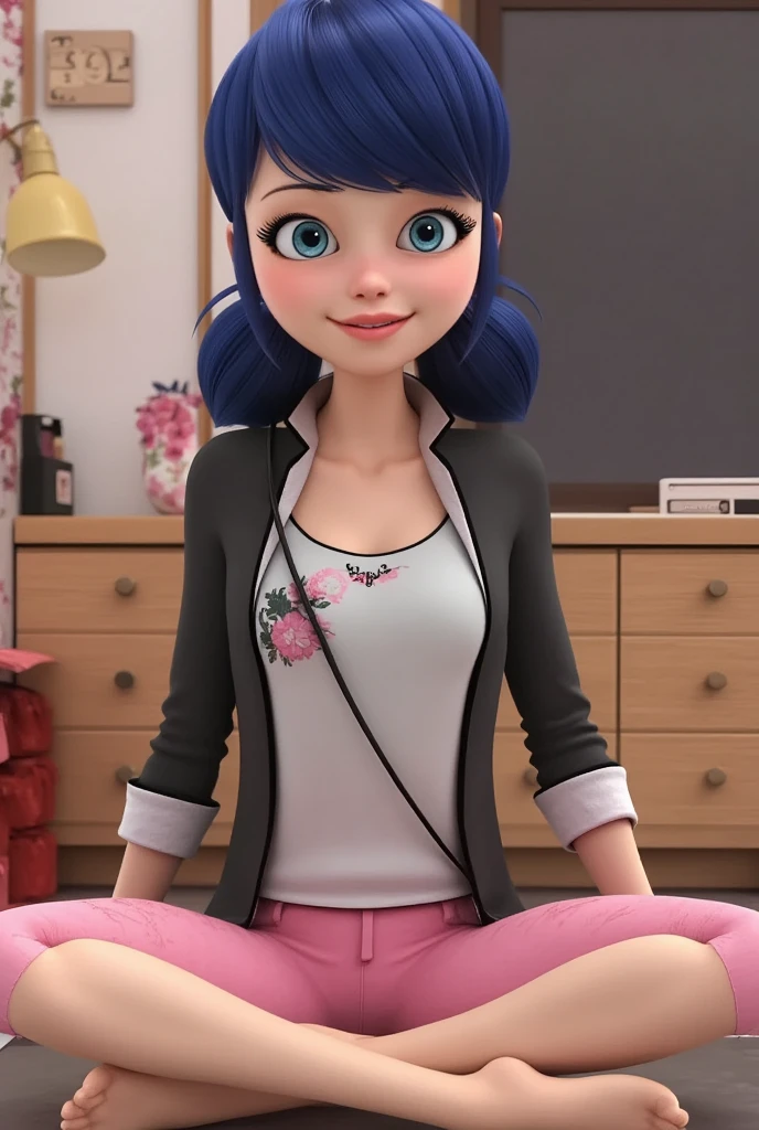 (8k, RAW photo, best quality, masterpiece:1.2), (intricate details), perfect eyes, perfect face, perfect lighting, beautiful, (masterpiece:1.2), (best quality:1.2), 1girl, solo, Marinette, blue hair, ((long loosen hair)), adult torso, , slight smile, huge sized breasts, black jacket ( pink dress), cowboy shot, 3DMM, seated, front view, spreaded legs, legs are spreaded, spreading legs,gyat is visible, showing her gyat, open legs, her pant is ripped and showing her gyat, have no pant, have no underwear, naked