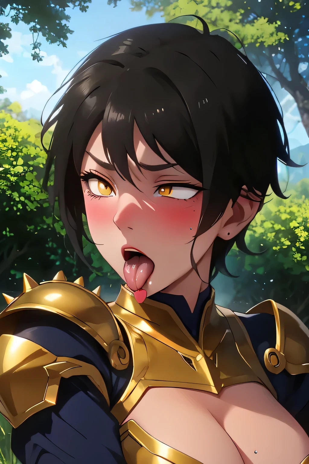 Masterpiece, Best Quality, Coloured image,Hi-Res, source_anime, (good_hands:0.9) ,1 woman, mature woman, MILF, golden eyes, rolling eyes, tongue drop, black hair, short spiky hair, brown skin color, mercenary armor, big breast, muscular body, looking at viewer, standing, from front.stand, outdoor, garden background, daylight , Glossy oily Skin, blushing, climax, dramatic shadows, cinematic sun lighting, (light particles:0.8)