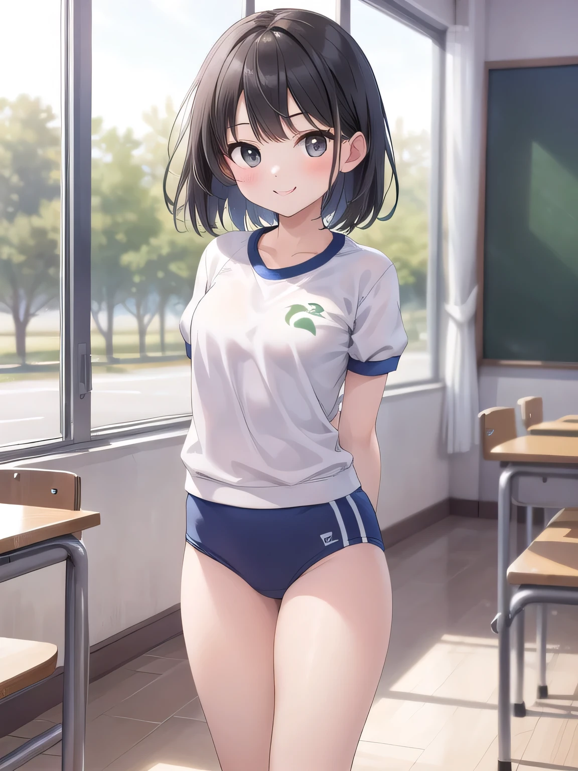 (((((whole body)))))、Youmu, Very cute gym clothes 、smile,、 cowboy shot、arms behind back、 school classrooms after school、