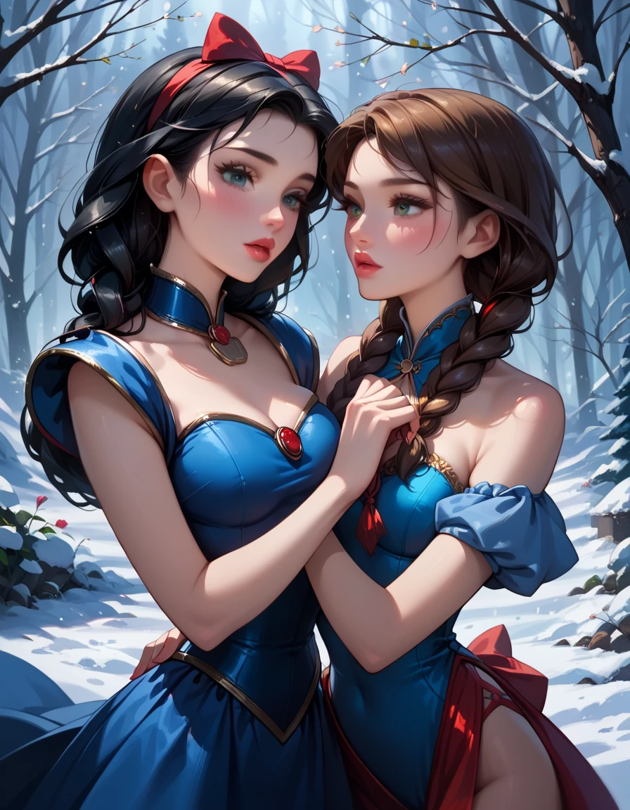 score_9, score_8_up, score_7_up, score_6_up, rating_explicit, source_cartoon, 2girls, duo, yuri, beautiful waifu, very sexy (Disney's Snow White, black hair, light skin:1.4), and very sexy (Anna, brown hair, braided pigtails:1.2), wearing (sexy Qipao dress, sleeveless, bare shoulders:1.1), sexy look, eyes half-closed, filled lips, thick lips, detailed eyes, detailed face, perfect hands, (Hand, detailed, perfect, perfection, hands:1.2), perfect proportions, simple background.