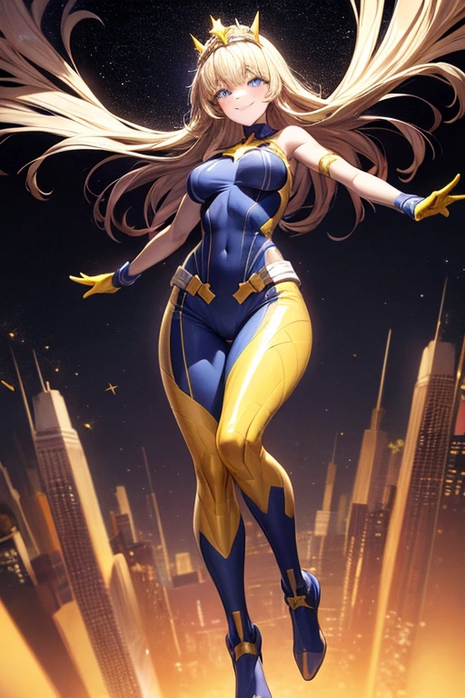 1girl, medium breasts, leotard, bare legs, tight belt, boots, matching boots, gloves, city backdrop, solo, single, hands on hip, standing, full body shot, cowboy shot, superhero, beautiful detailed eyes, mature lady, star symbol on chest, blonde hair