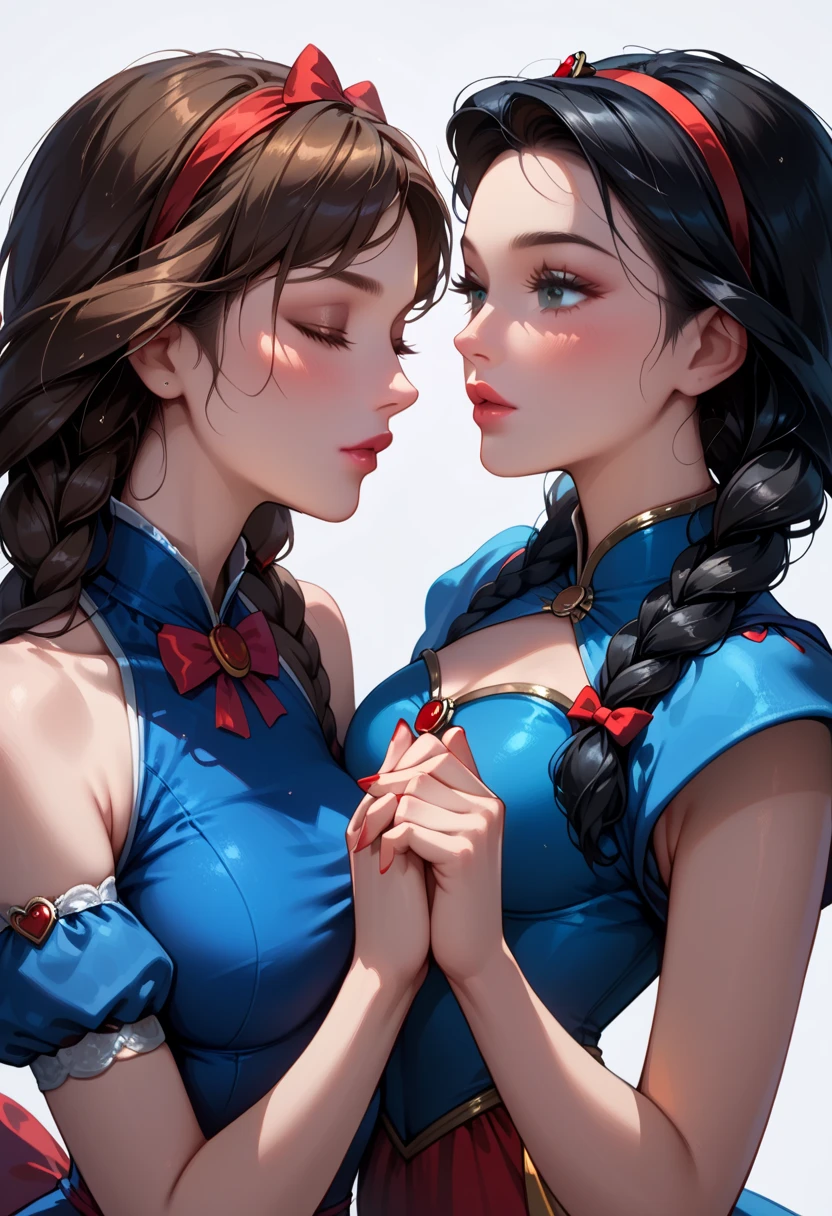 score_9, score_8_up, score_7_up, score_6_up, rating_explicit, source_cartoon, 2girls, duo, yuri, beautiful waifu, very sexy (Disney's Snow White, black hair, light skin:1.4), and very sexy (Anna, brown hair, braided pigtails:1.2), wearing (sexy Qipao dress, sleeveless, bare shoulders:1.1), sexy look, eyes half-closed, filled lips, thick lips, detailed eyes, detailed face, perfect hands, (Hand, detailed, perfect, perfection, hands:1.2), perfect proportions, simple background.