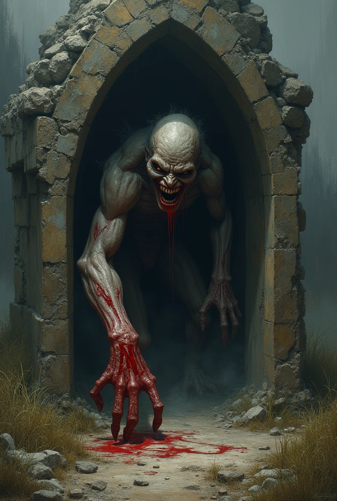 A priest tries to flee through a dark door as bony, decaying hands tear away his skin. His face suffers because a crucifix pierces his left eye.. Around the door several bleeding metal inverted crosses, On the ground rats mixed with decomposing bones in fog and the walls emanate blood 