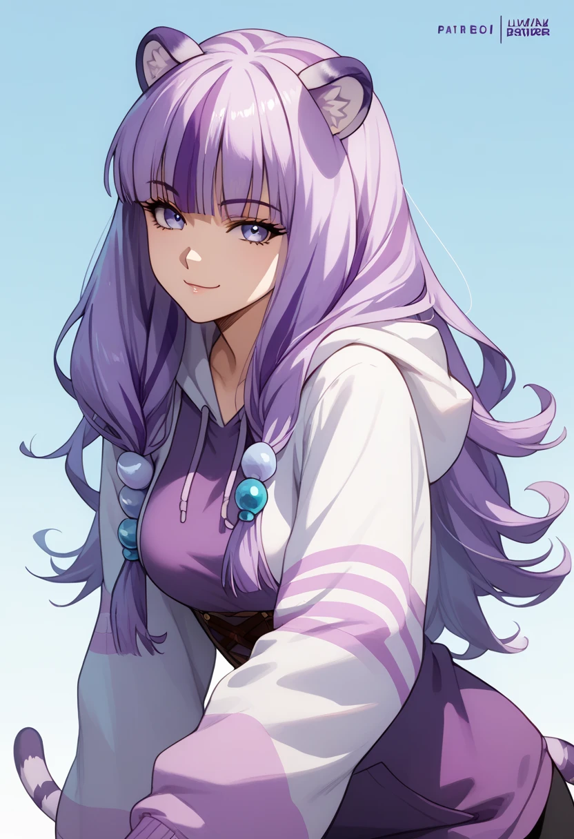 ((masterpiece)), 1girl, solo, long hair, dark purple hair, sly smirk, oversize hoodie, oversize sleeves, cruel, sadistic smirk, looking at viewer, mature woman, medium breasts, 90s anime style, cute, lilac tiger tail, lilac tiger ears.