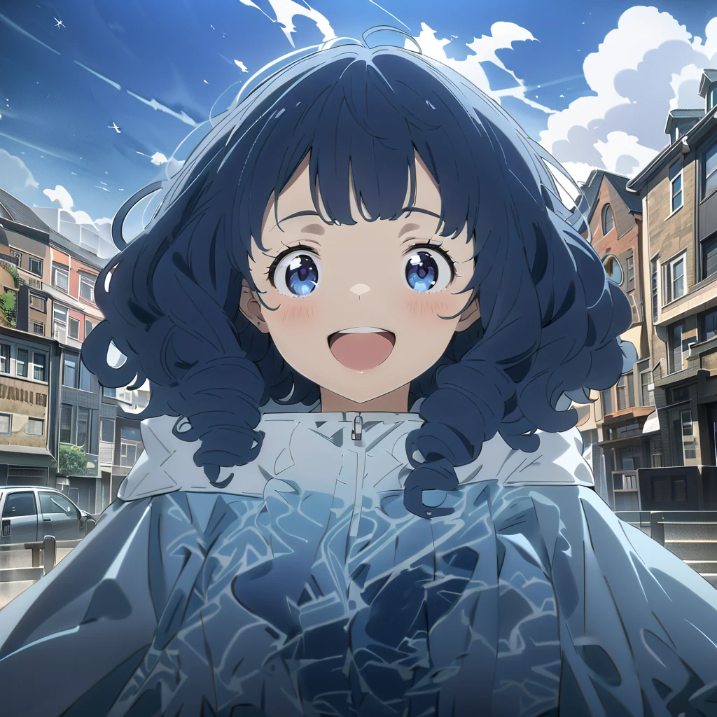 (((masterpiece))),((( best quality))),((( Extremely detailed))), (((Best Quality))),((( high definition ))), 1 girl, Alone, Yanami_Anna (Make-in), Big Breasts,  dark blue eyes, Gray Hair, Thick Hair, curly hair, Double Exposure, smile,  excited ,Town,Wave,Rear view,