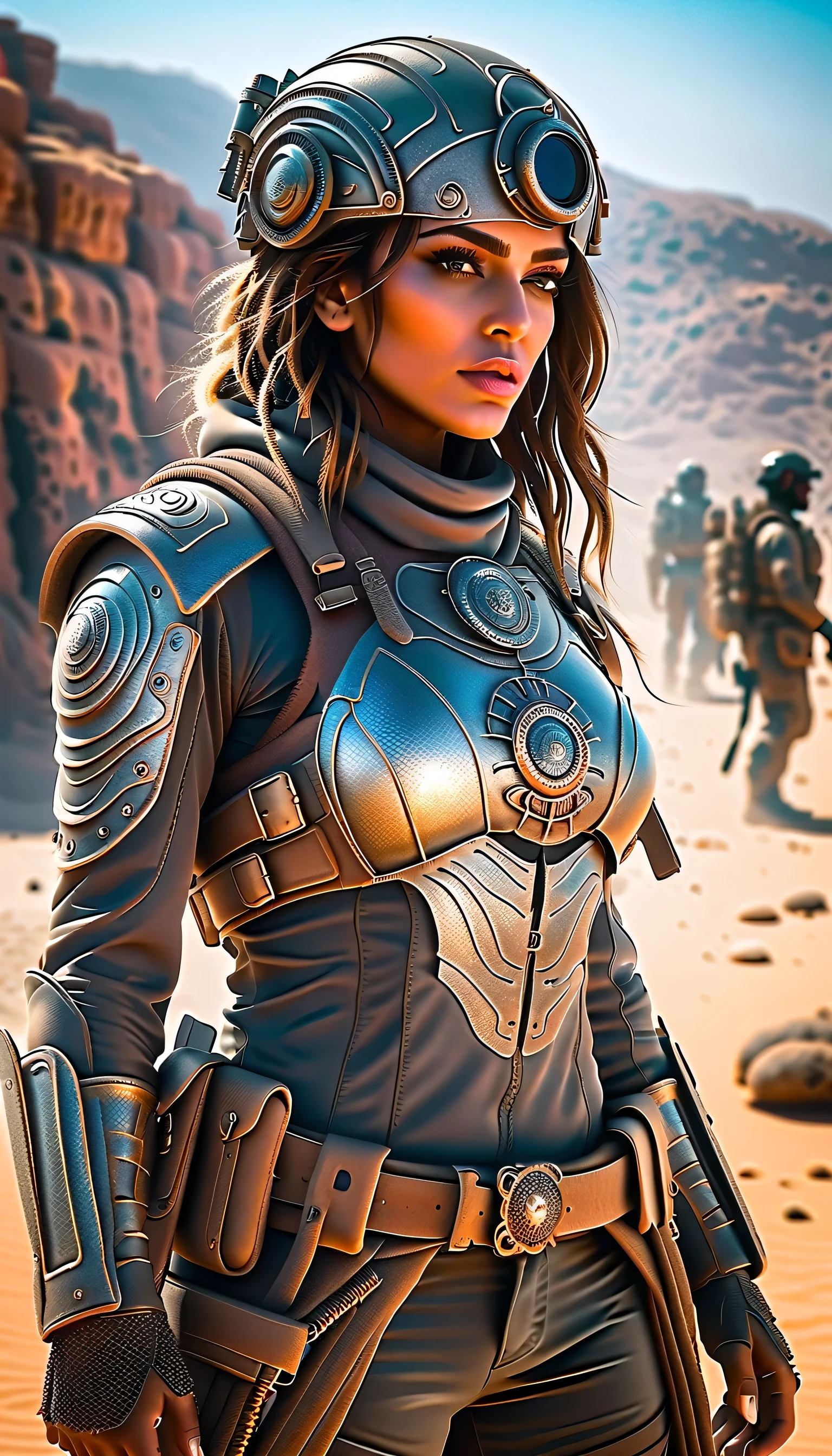 body turned around view, highly detailed and photorealistic depiction of a Persian female post-apocalyptic warrior. She exudes confidence and resilience, wearing a scratched silver combat suit with intricate biomechanical details and a weathered leather jacket layered over her armor. Wearing a hat with crow feathers , apocalyptic soldier gear, with subtle tactical designs. The outfit includes gradient lighting effects reflecting off metallic surfaces, emphasizing the advanced technology of her attire. Her ensemble combines elegance and functionality, adorned with carefully detailed straps, holsters, and protective gear. She carries a futuristic weapon, a hybrid rifle with glowing accents. Her boots are reinforced with rugged detailing, suitable for traversing harsh terrains. The background shows a post-apocalyptic urban wasteland bathed in dramatic lighting, with dust and ruins framing the scene. Barbed wire wrapped around the character, The character is ready for action, her determined gaze capturing the spirit of survival. Perfect for a dynamic shooter game character.
