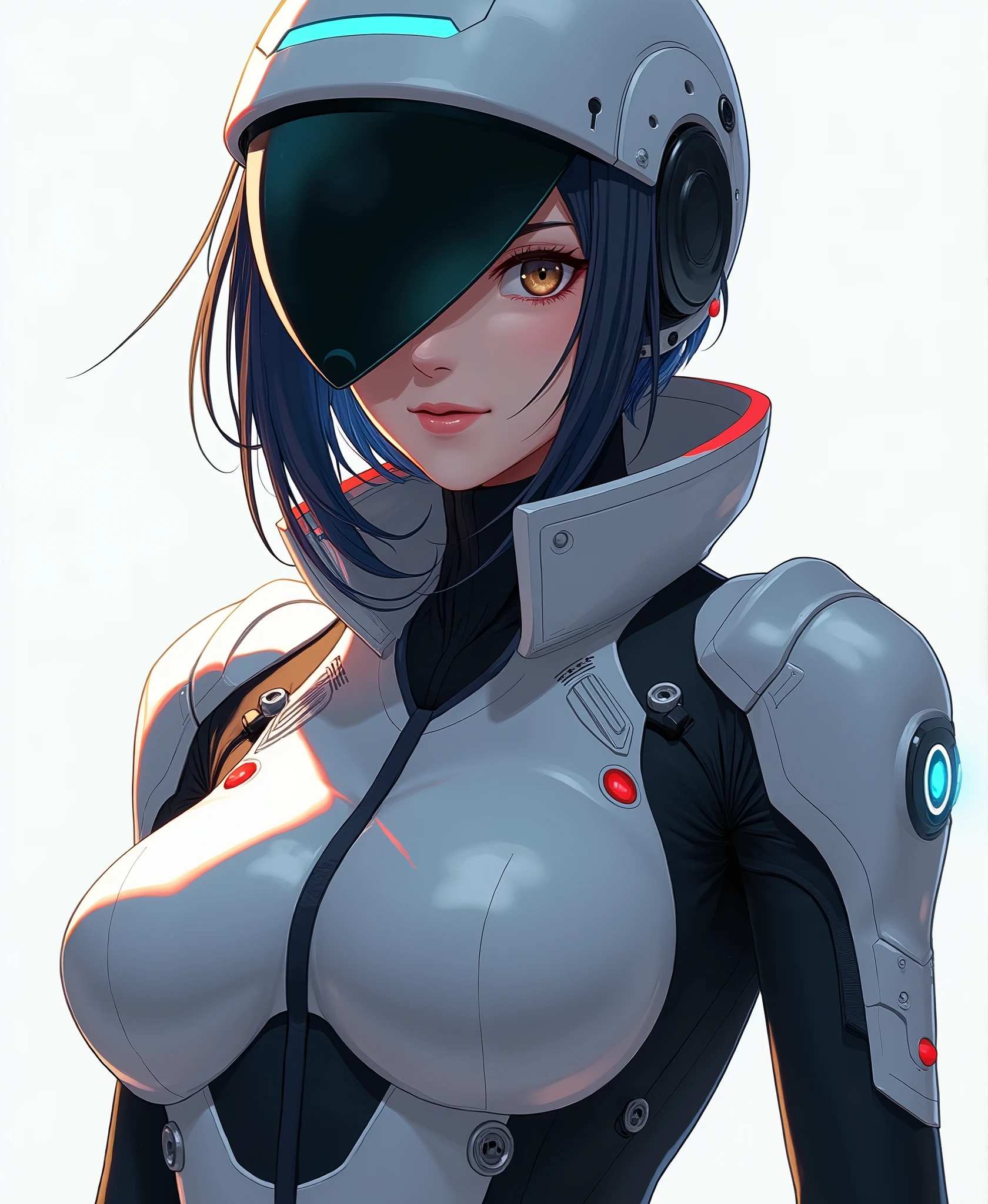 masterpiece, (masterpiece, top quality, best quality),1girl, solo, bodysuit, breasts, long hair, white background, smile, simple background, medium breasts, helmet, looking at viewer, skin tight, sitting, lips, blue bodysuit, motorcycle, black gloves, gloves