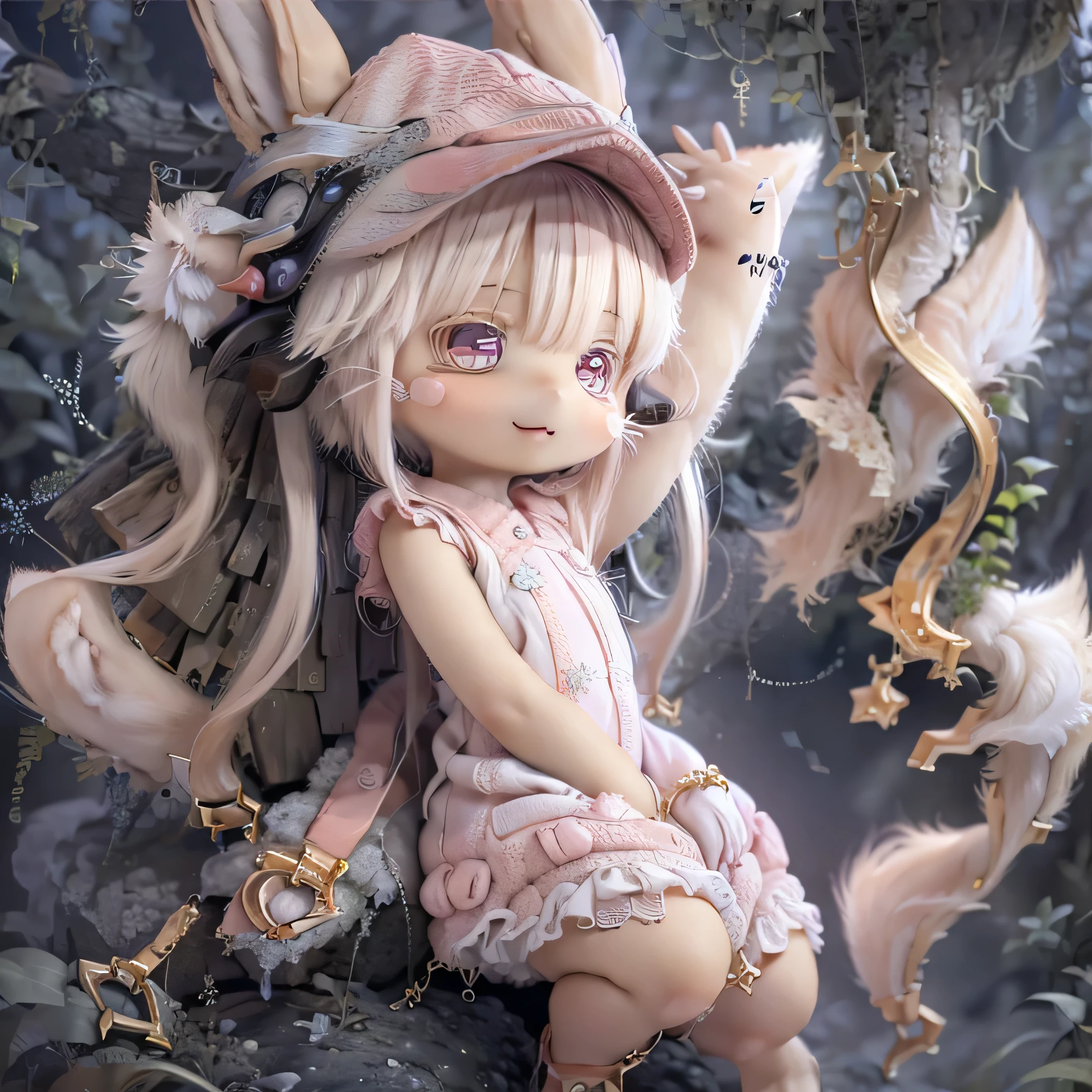 In the garden, smile, Similar to Chi from Made in Abyss. Similar to the forest setting, it combines , Beautiful eyes and lips. (((chibi style,))) . The image quality is excellent, Highly detailed and realistic features. The medium of this work is、 illustrations with photorealistic rendering.. The colors are vivid、 lights create a warm and bright atmosphere 。 whole body((((( cute pink dress )))))Contrasting cute poses、Long ears